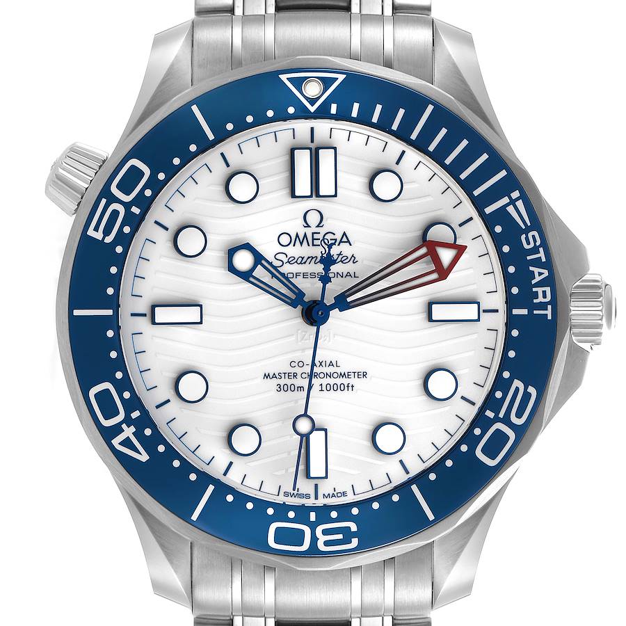 The image shows a front view of the Omega Seamaster watch, highlighting the dial, bezel, and bracelet.