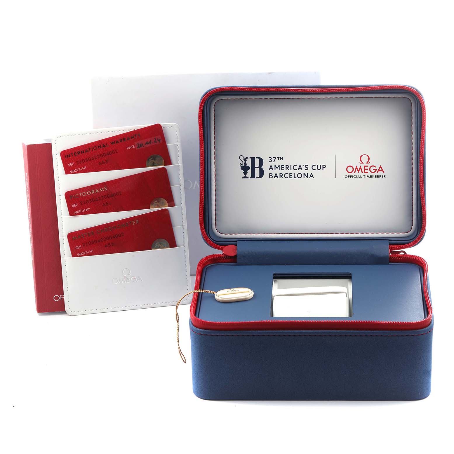 The image shows an Omega Seamaster 210.30.42.20.04.002 Men's Stainless Steel White Dial 210.30.42.20.04.002 Men's Stainless Steel White Dial watch box, warranty cards, and a presentation case from a top angle.