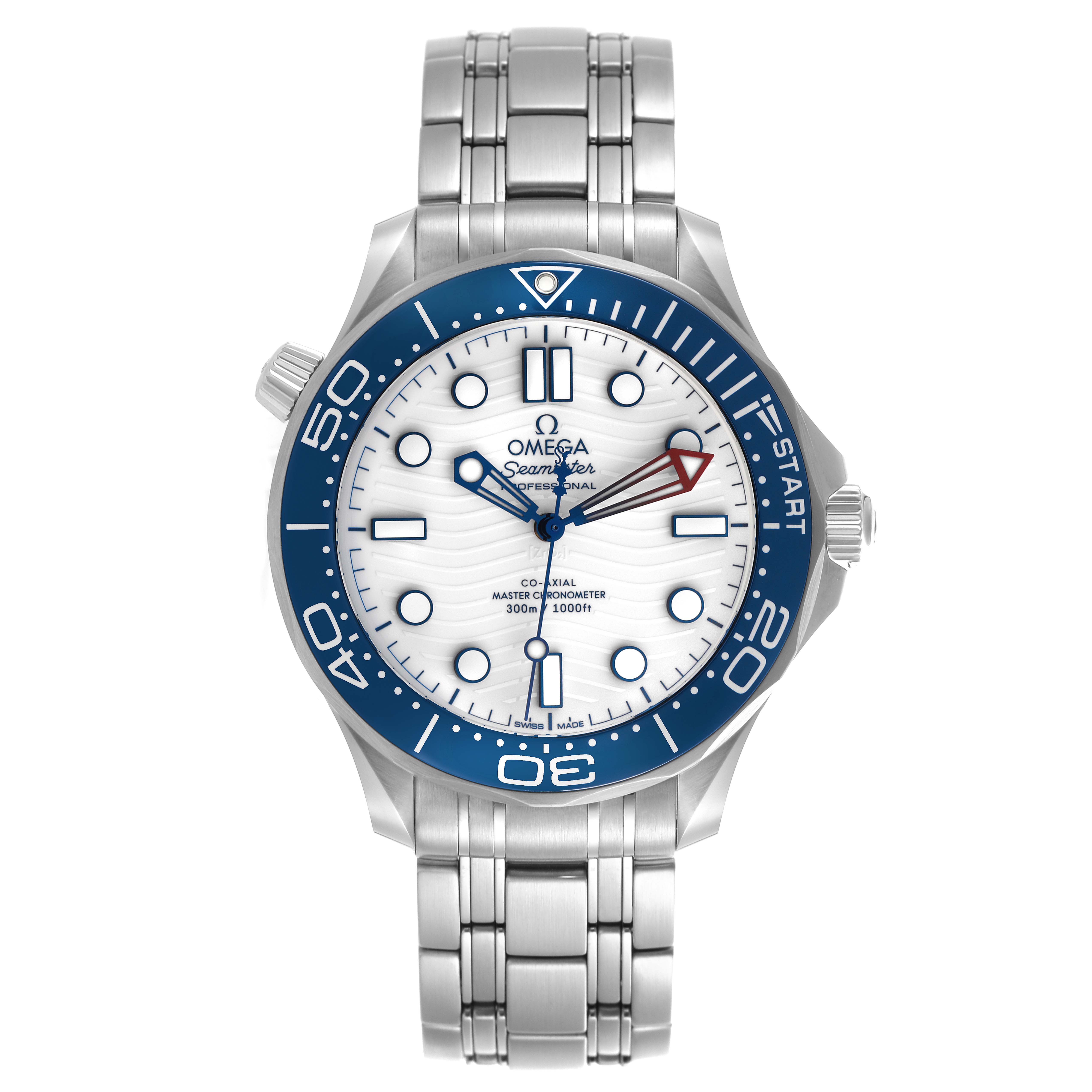 The Omega Seamaster 210.30.42.20.04.002 Men's Stainless Steel White Dial 210.30.42.20.04.002 Men's Stainless Steel White Dial watch is shown from the front with a clear view of the face, bezel, and bracelet.