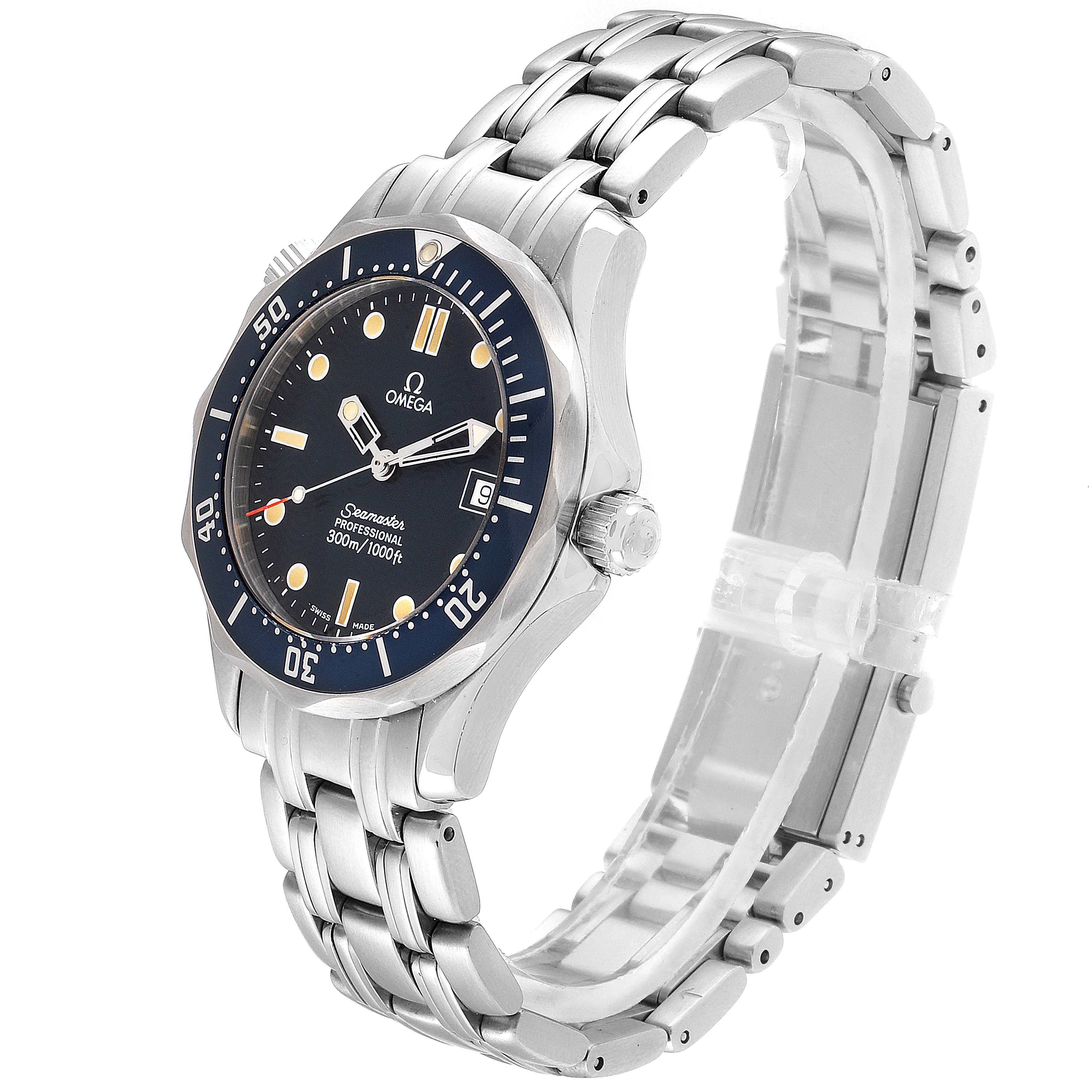 The image shows an Omega Seamaster 2561.80.00 Men's Steel and Gold (two tone) Blue Dial 2561.80.00 Men's Steel and Gold (two tone) Blue Dial watch from a three-quarter side angle, highlighting its face, bezel, and metal bracelet.
