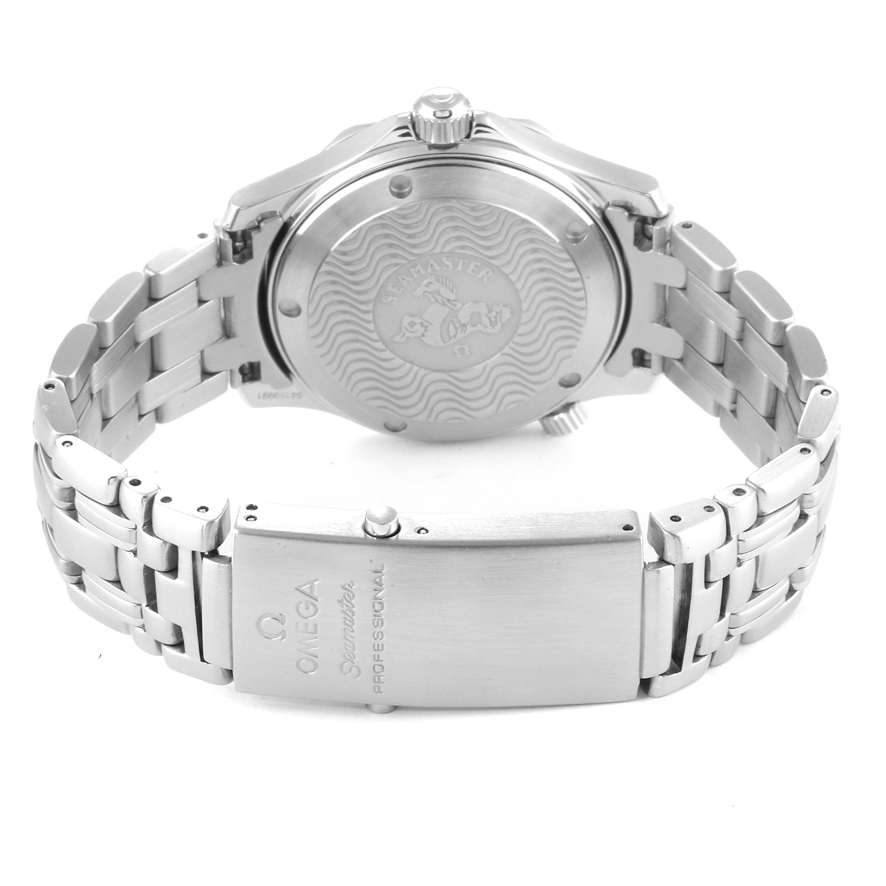 The image shows the back view of an Omega Seamaster 2561.80.00 Men's Steel and Gold (two tone) Blue Dial 2561.80.00 Men's Steel and Gold (two tone) Blue Dial watch, revealing its case back and stainless steel bracelet with the clasp.