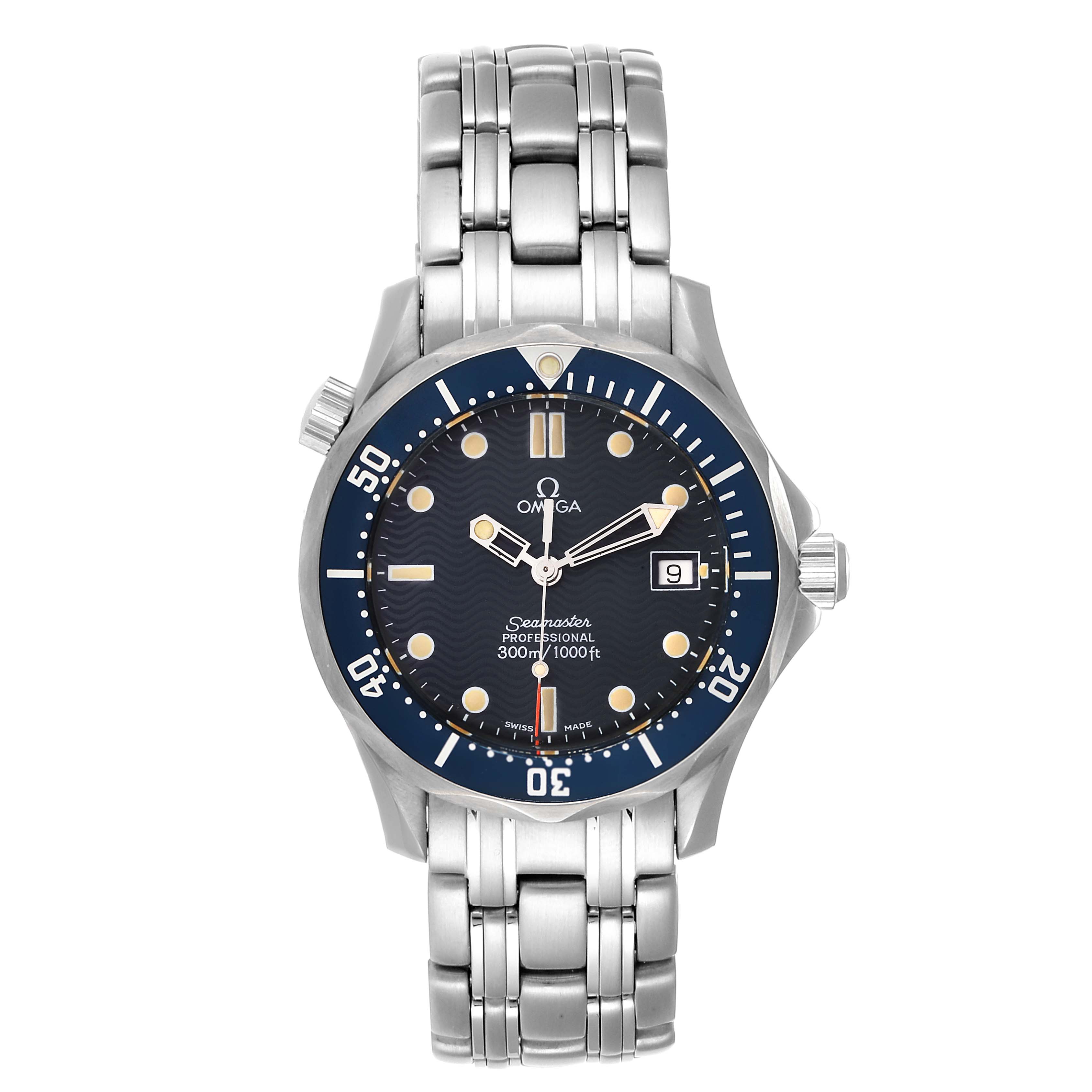 The image shows a front view of the Omega Seamaster 2561.80.00 Men's Steel and Gold (two tone) Blue Dial 2561.80.00 Men's Steel and Gold (two tone) Blue Dial watch, highlighting its dial, bezel, and bracelet.