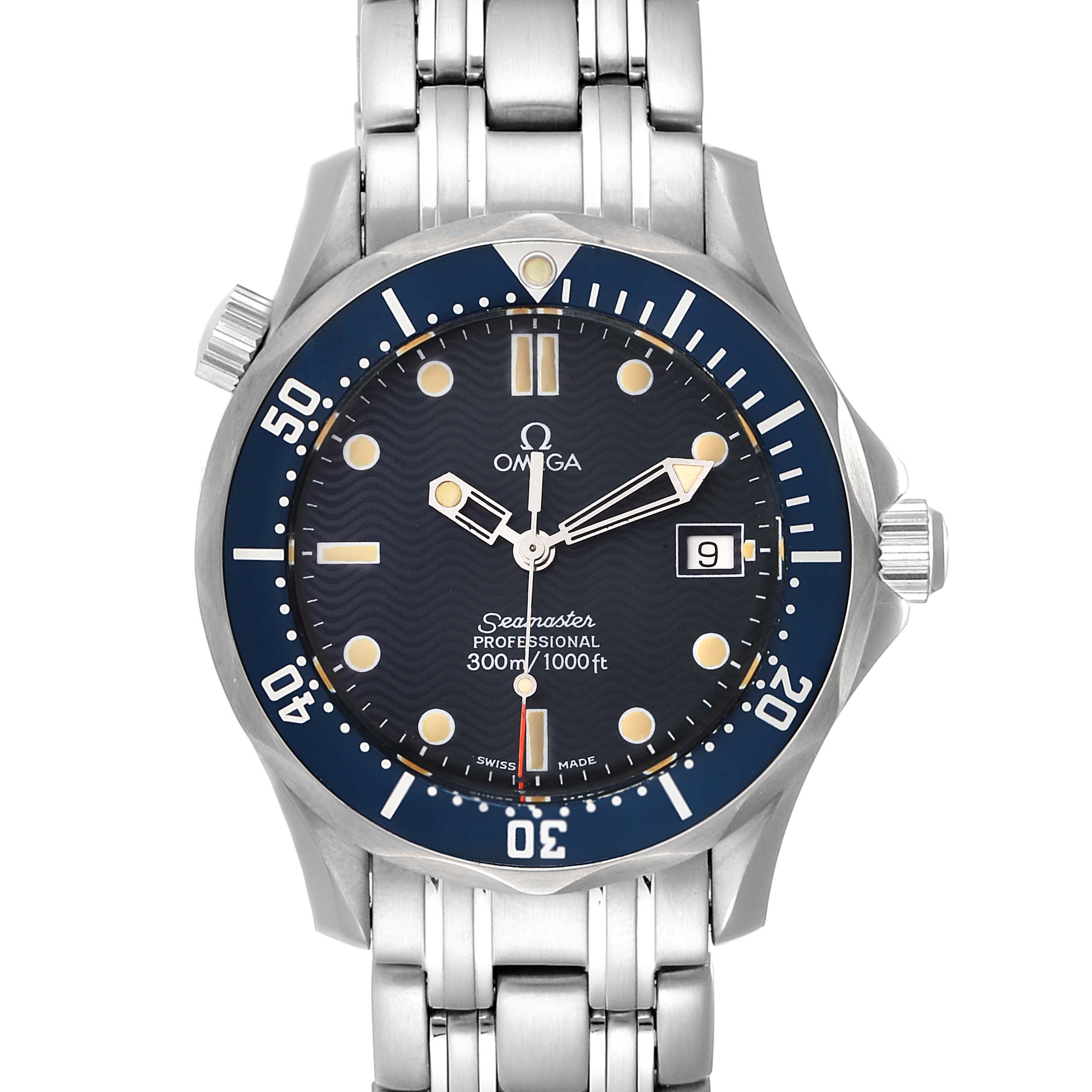 The Omega Seamaster 2561.80.00 Men's Steel and Gold (two tone) Blue Dial 2561.80.00 Men's Steel and Gold (two tone) Blue Dial watch is shown from a front angle, displaying its face, bezel, and metal bracelet.