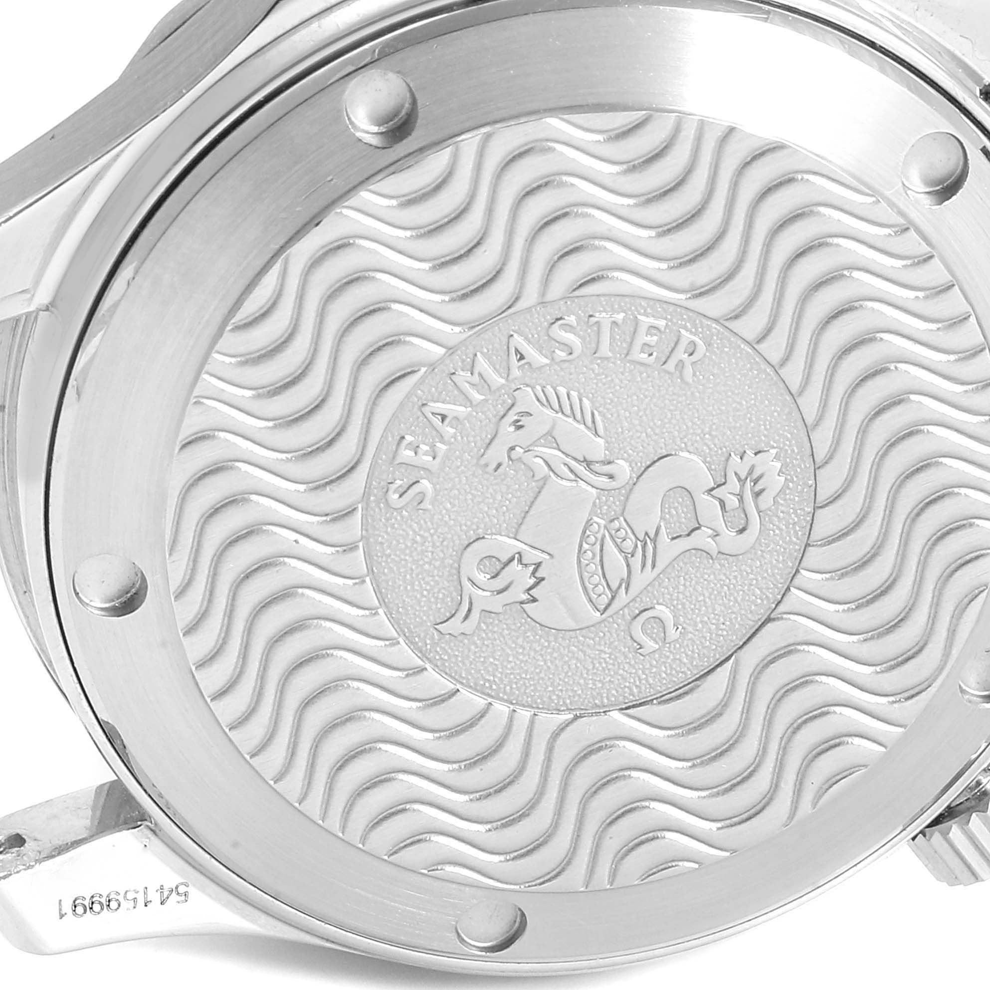 The image shows the case back of an Omega Seamaster 2561.80.00 Men's Steel and Gold (two tone) Blue Dial 2561.80.00 Men's Steel and Gold (two tone) Blue Dial watch.