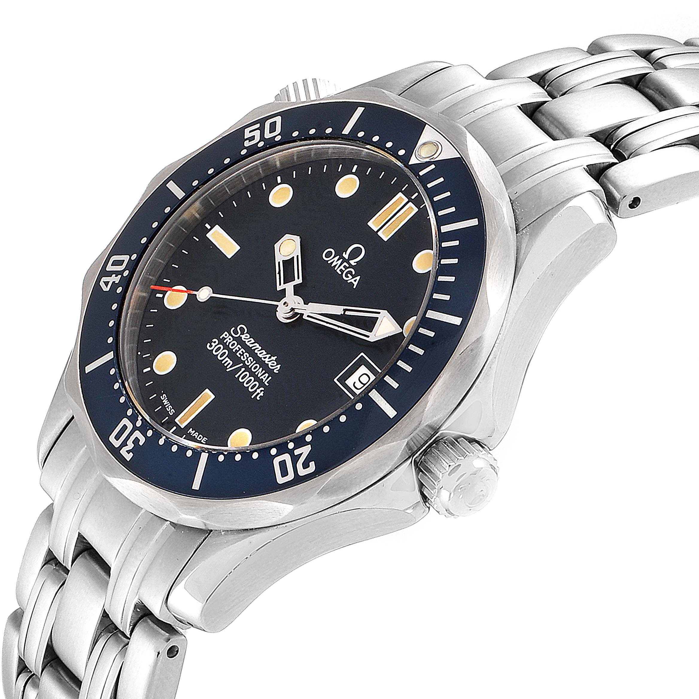 This image shows the Omega Seamaster 2561.80.00 Men's Steel and Gold (two tone) Blue Dial 2561.80.00 Men's Steel and Gold (two tone) Blue Dial watch at an oblique angle, highlighting the dial, bezel, crown, and part of the metal bracelet.