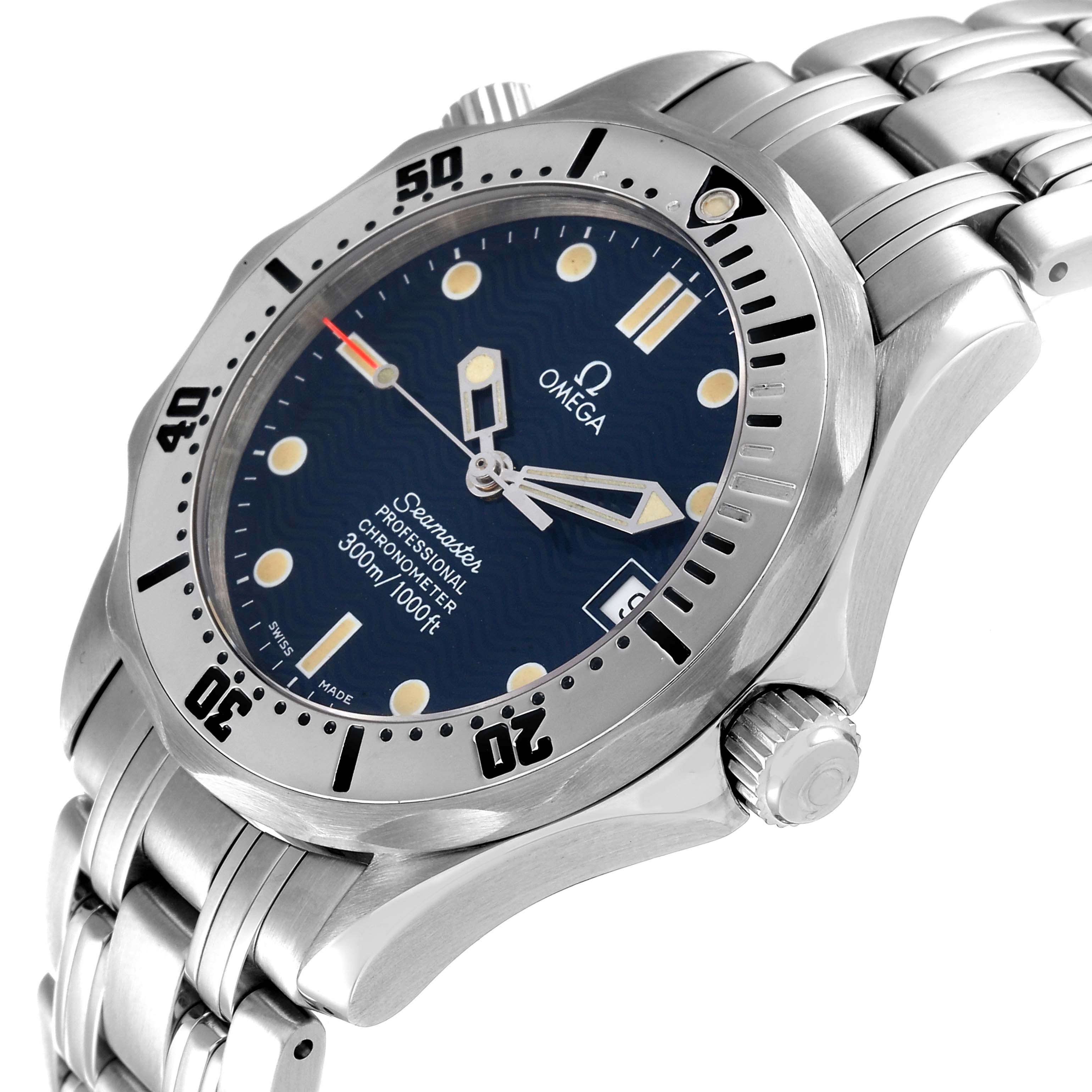 The Omega Seamaster 2552.80.00 Men's Stainless Steel Blue Dial 2552.80.00 Men's Stainless Steel Blue Dial watch is shown at an angle highlighting the dial, bezel, crown, and part of the bracelet.