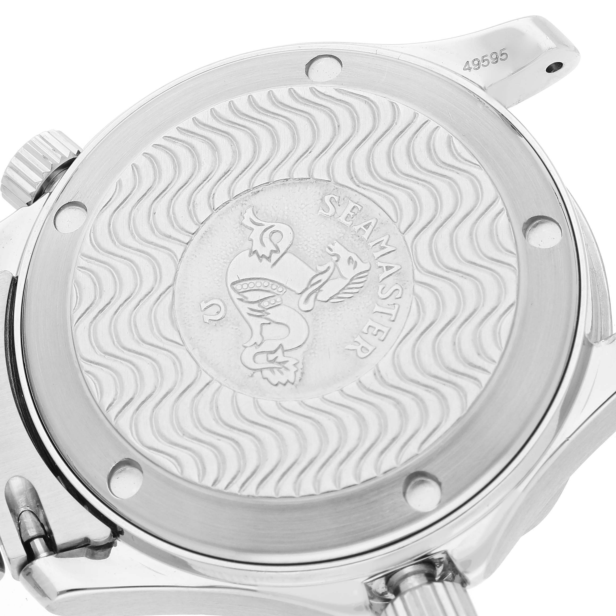 The image shows the back case of an Omega Seamaster 2552.80.00 Men's Stainless Steel Blue Dial 2552.80.00 Men's Stainless Steel Blue Dial watch, highlighting its engravings and design details.