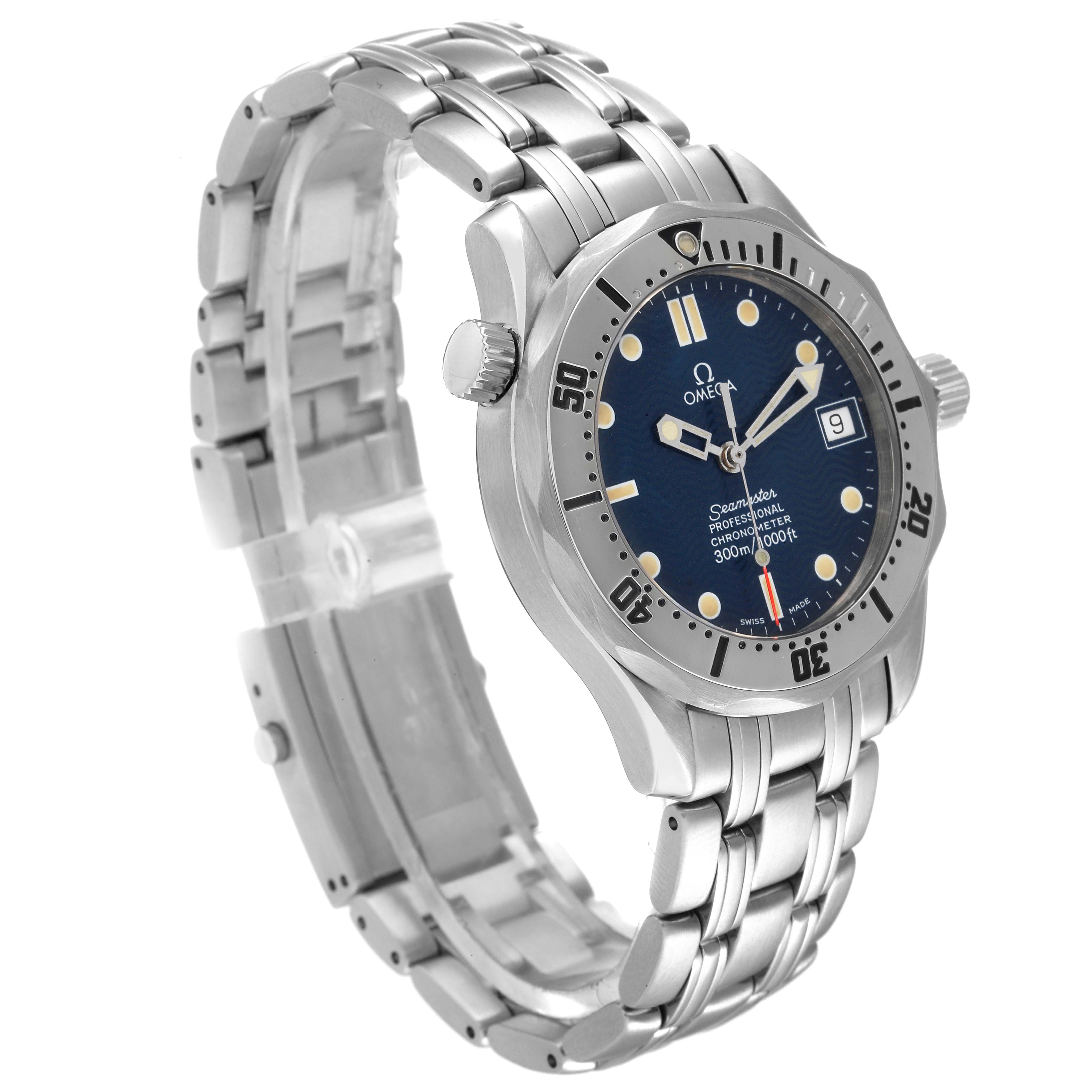 The Omega Seamaster 2552.80.00 Men's Stainless Steel Blue Dial 2552.80.00 Men's Stainless Steel Blue Dial watch is shown at a three-quarter angle, displaying the dial, bezel, bracelet, and crown.