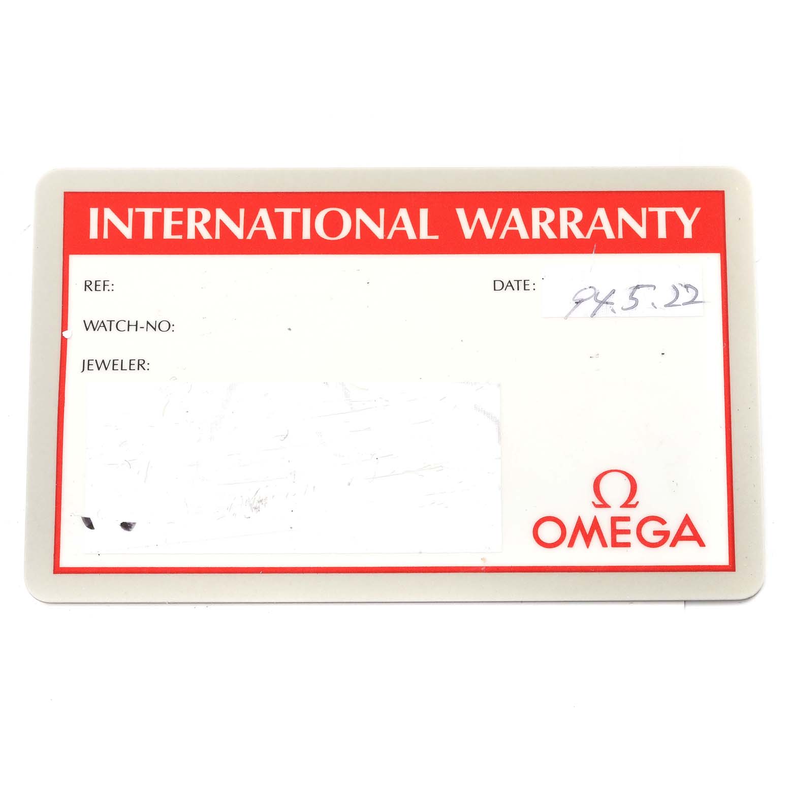 This image shows the international warranty card for the Omega Seamaster 2552.80.00 Men's Stainless Steel Blue Dial 2552.80.00 Men's Stainless Steel Blue Dial watch model.