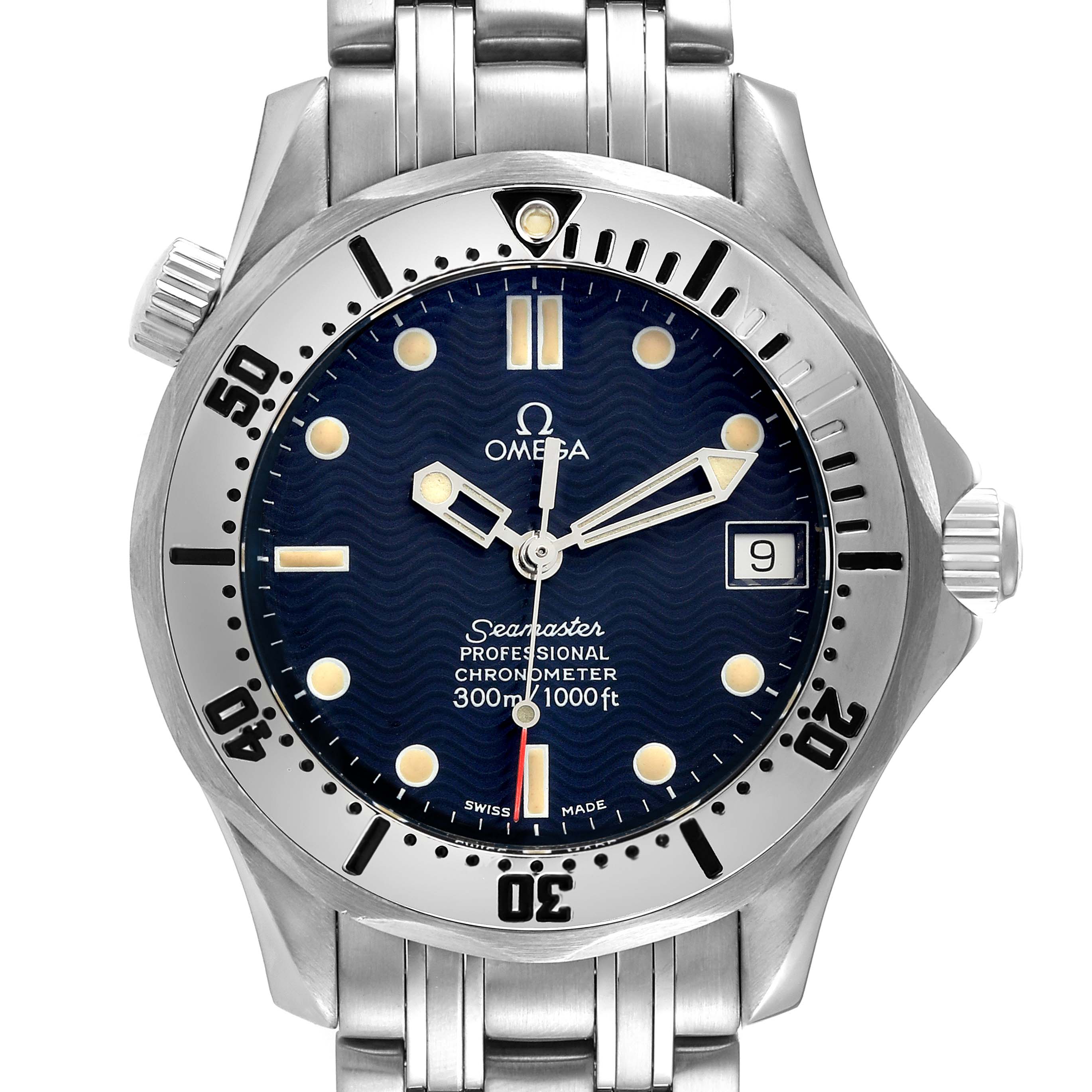 The Omega Seamaster 2552.80.00 Men's Stainless Steel Blue Dial 2552.80.00 Men's Stainless Steel Blue Dial watch is shown from a front angle, displaying the dial, bezel, crown, and part of the bracelet.