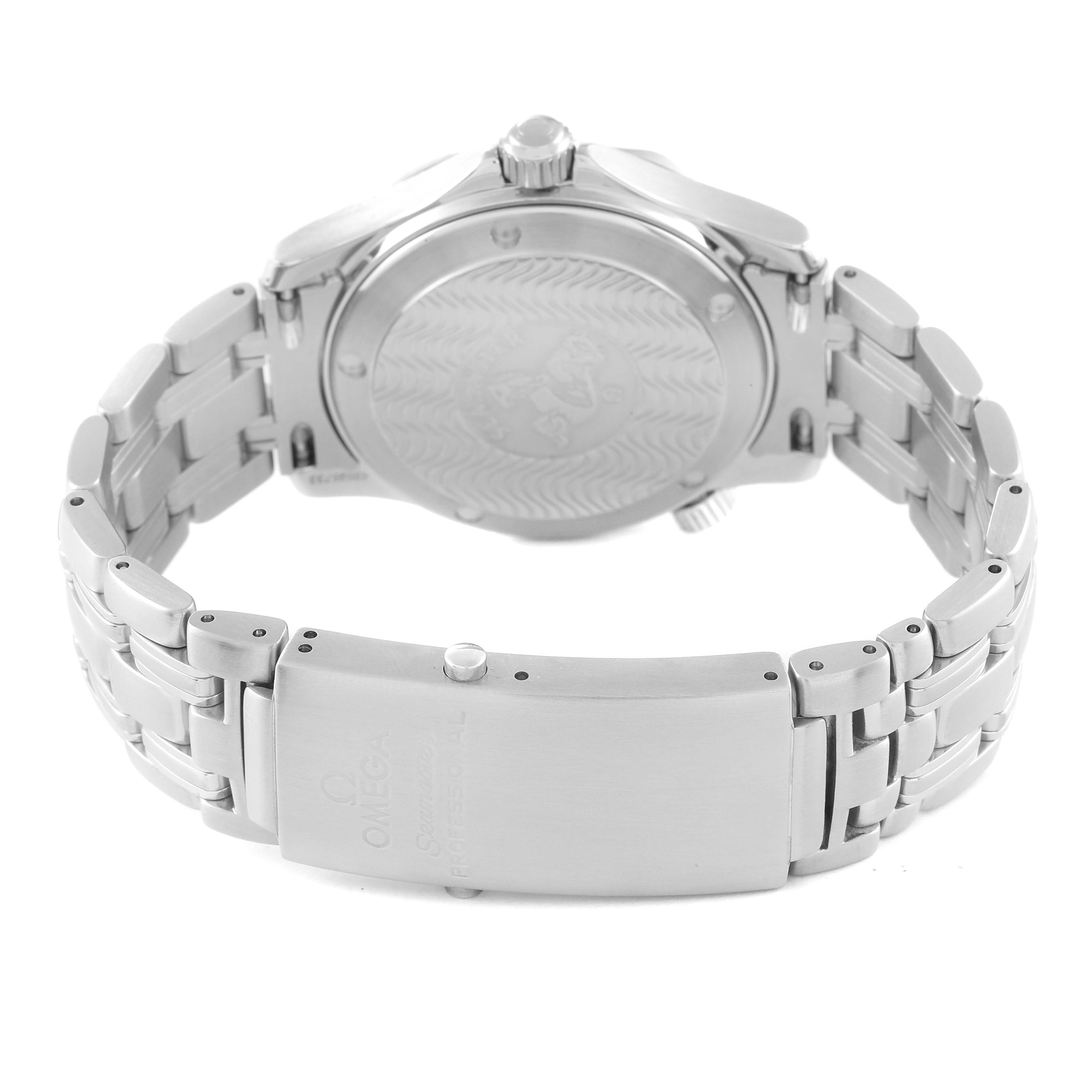 This image shows the back case, bracelet, and clasp of the Omega Seamaster 2552.80.00 Men's Stainless Steel Blue Dial 2552.80.00 Men's Stainless Steel Blue Dial watch from a rear angle.