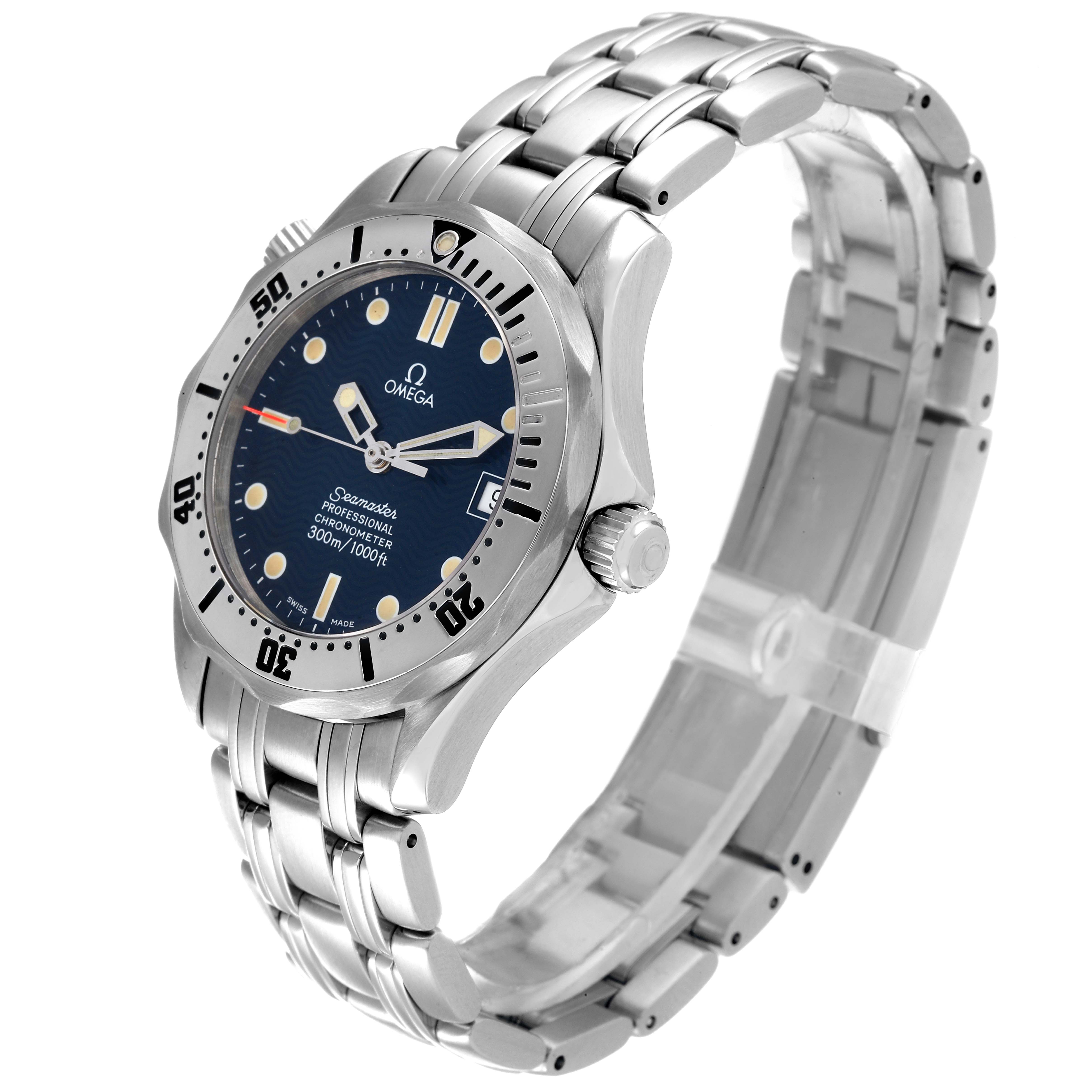 The Omega Seamaster 2552.80.00 Men's Stainless Steel Blue Dial 2552.80.00 Men's Stainless Steel Blue Dial watch is shown at a three-quarter angle, highlighting the face, bezel, crown, and metal bracelet.