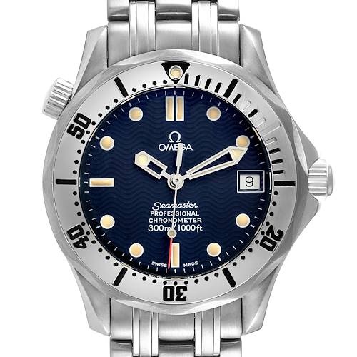 The Omega Seamaster watch is shown from a front angle, displaying the face, bezel, crown, and part of the bracelet.