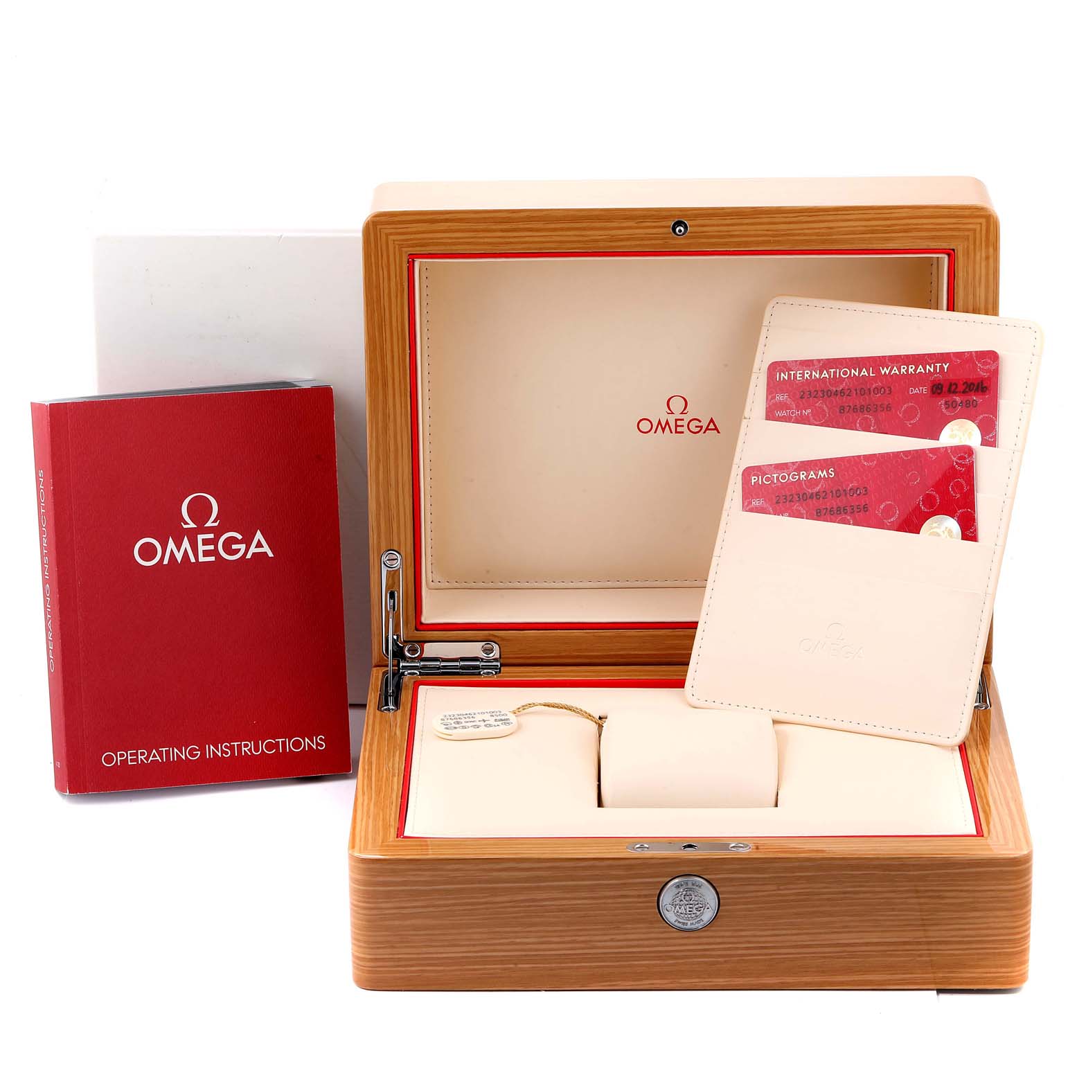 The image shows an Omega Seamaster 232.30.46.21.01.003 Men
s Stainless Steel Black Dial 232.30.46.21.01.003 Men
s Stainless Steel Black Dial watch box, operating instructions, warranty cards, and a cardholder.