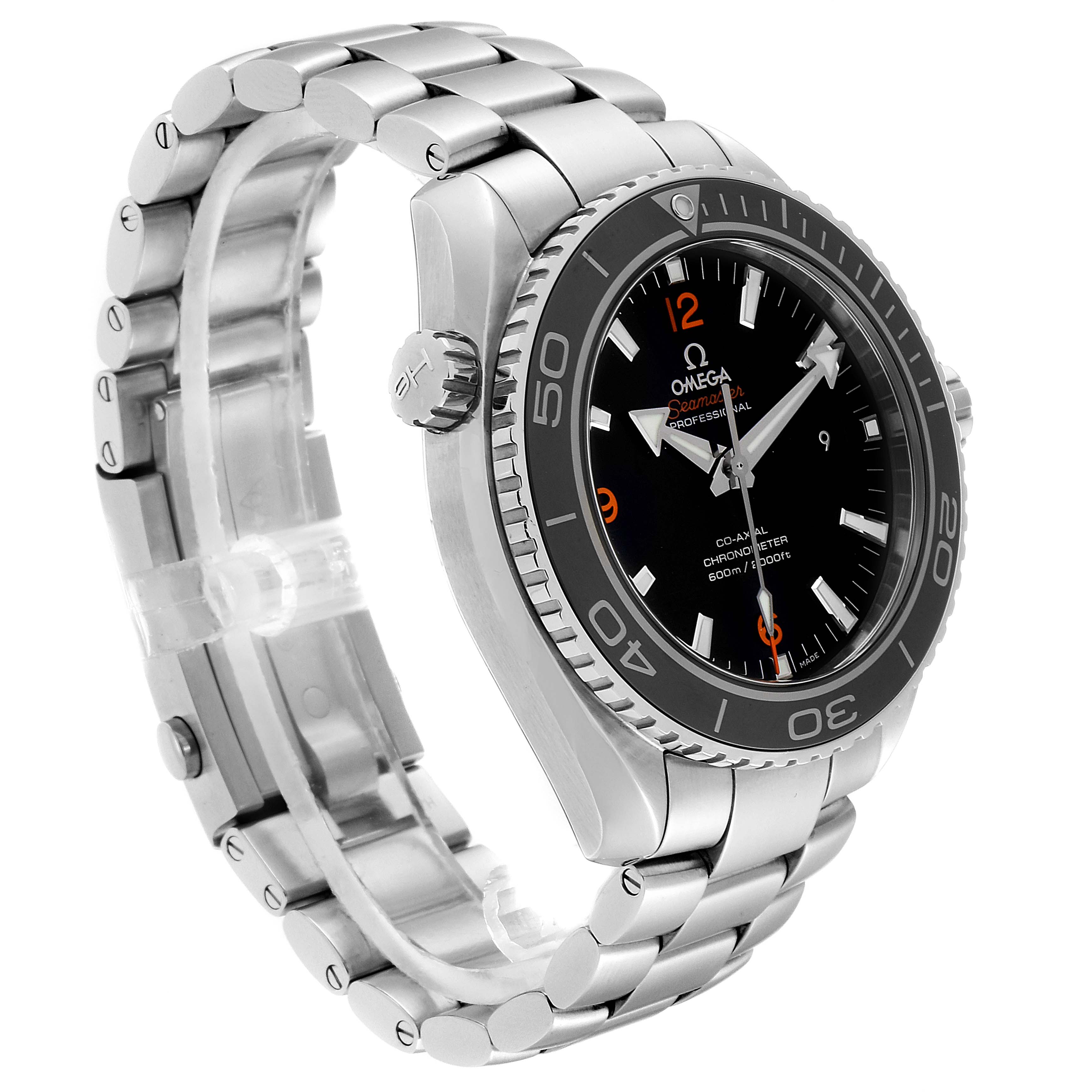 This image shows the Omega Seamaster 232.30.46.21.01.003 Men
s Stainless Steel Black Dial 232.30.46.21.01.003 Men
s Stainless Steel Black Dial watch at an angled side view, highlighting its stainless steel bracelet, bezel, and dial.