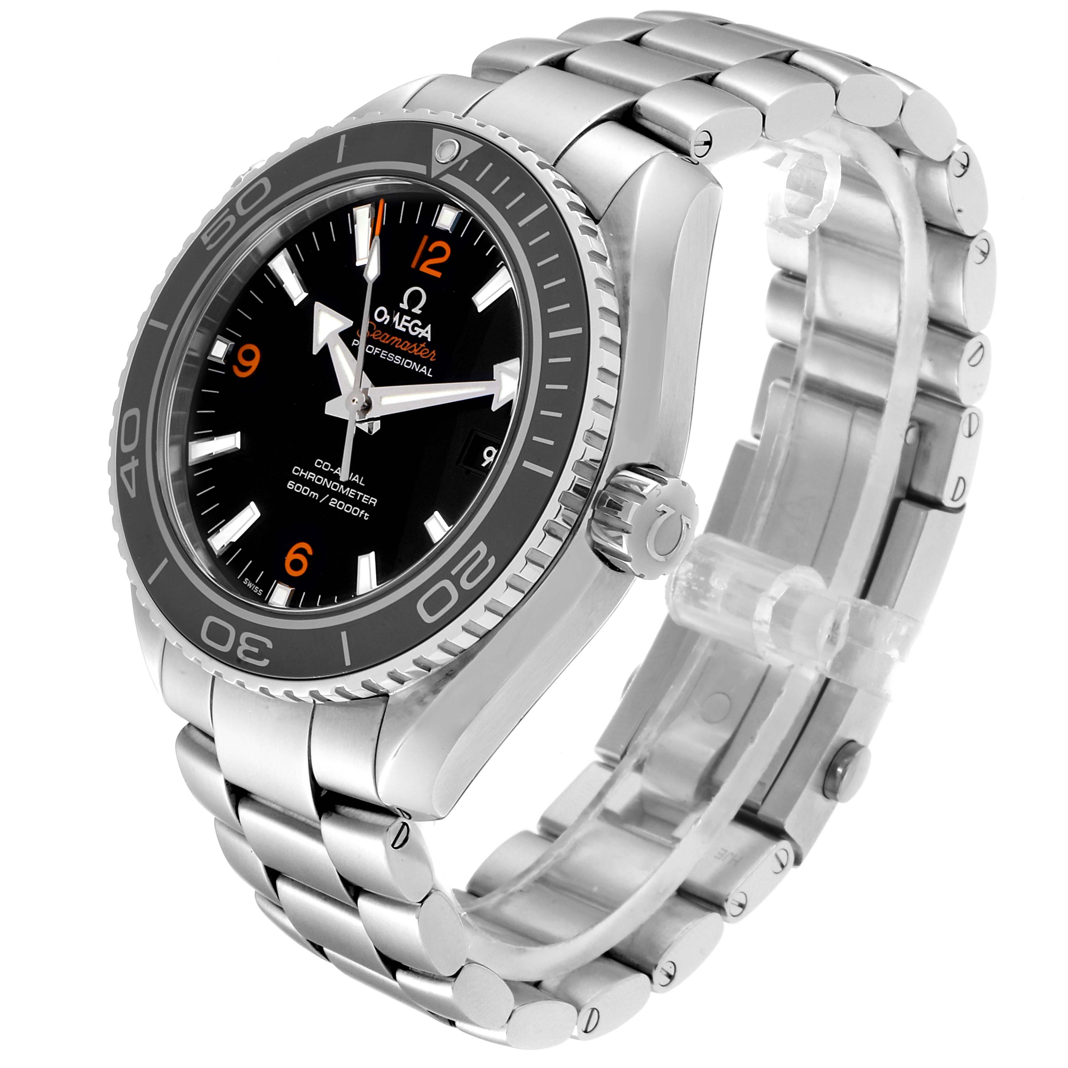 The image displays an angled view of an Omega Seamaster 232.30.46.21.01.003 Men
s Stainless Steel Black Dial 232.30.46.21.01.003 Men
s Stainless Steel Black Dial watch, showcasing its bezel, dial, crown, and stainless steel bracelet.