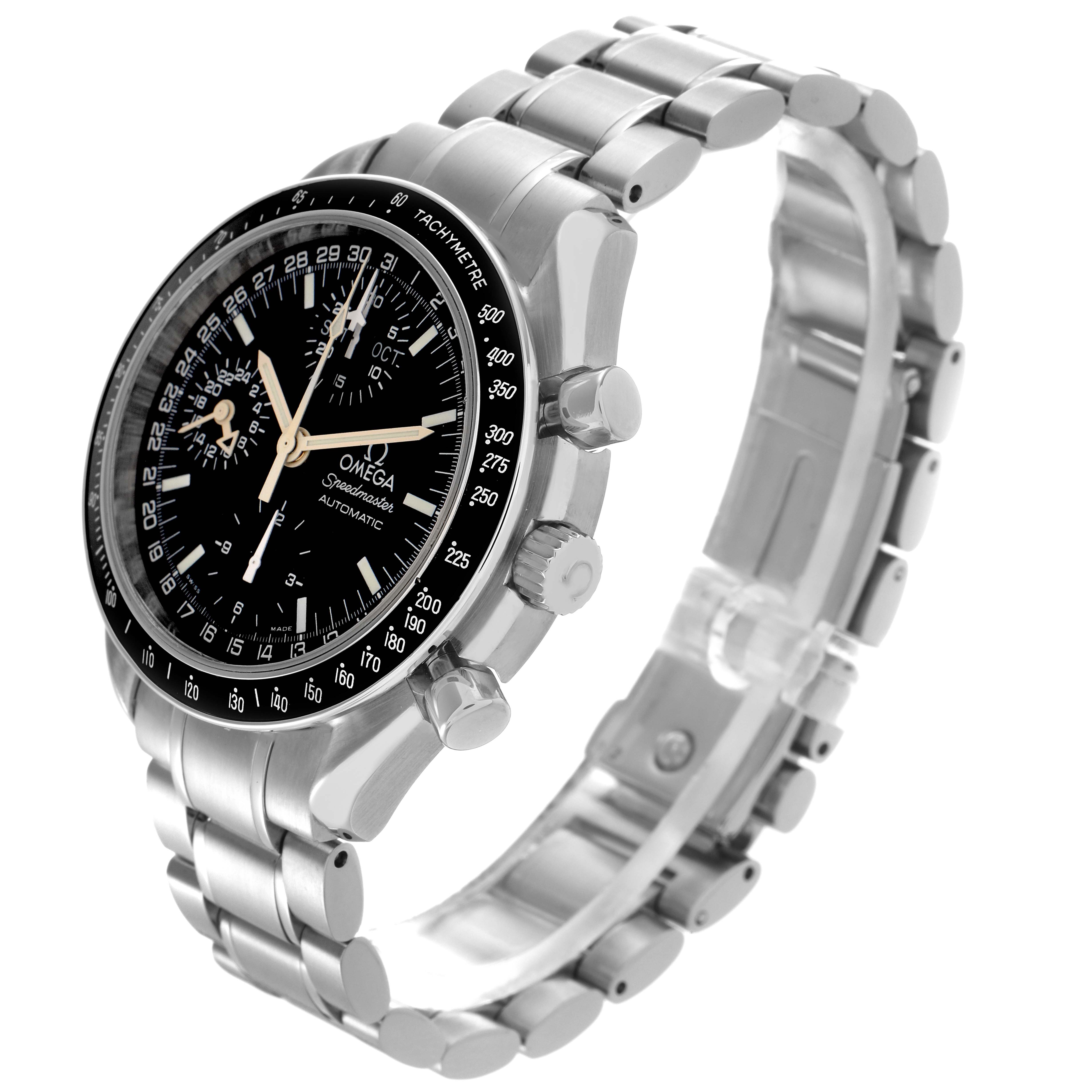 The Omega Speedmaster 3520.50.00 Men's Stainless Steel Black Dial 3520.50.00 Men's Stainless Steel Black Dial watch is shown at a three-quarter angle, highlighting the face, bezel, crown, pushers, and bracelet.