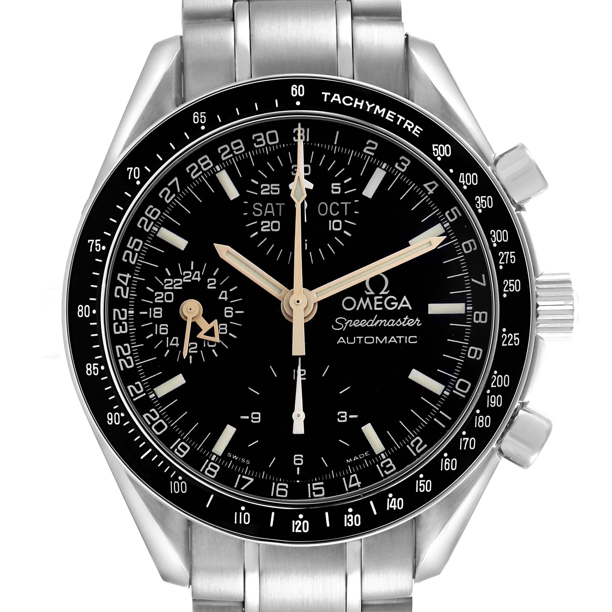 The Omega Speedmaster 3520.50.00 Men's Stainless Steel Black Dial 3520.50.00 Men's Stainless Steel Black Dial watch is shown from a front angle, displaying its black dial, tachymeter bezel, and stainless steel bracelet.