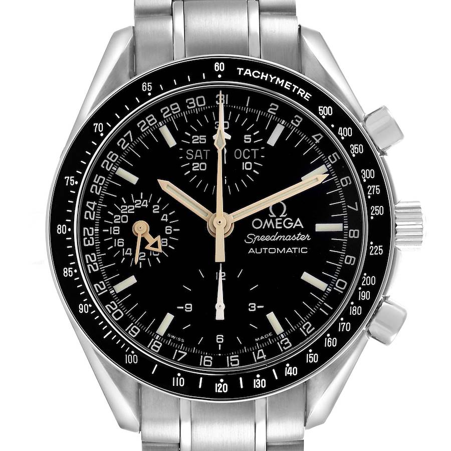 The Omega Speedmaster watch is shown from a front angle, displaying its black dial, tachymeter bezel, and stainless steel bracelet.
