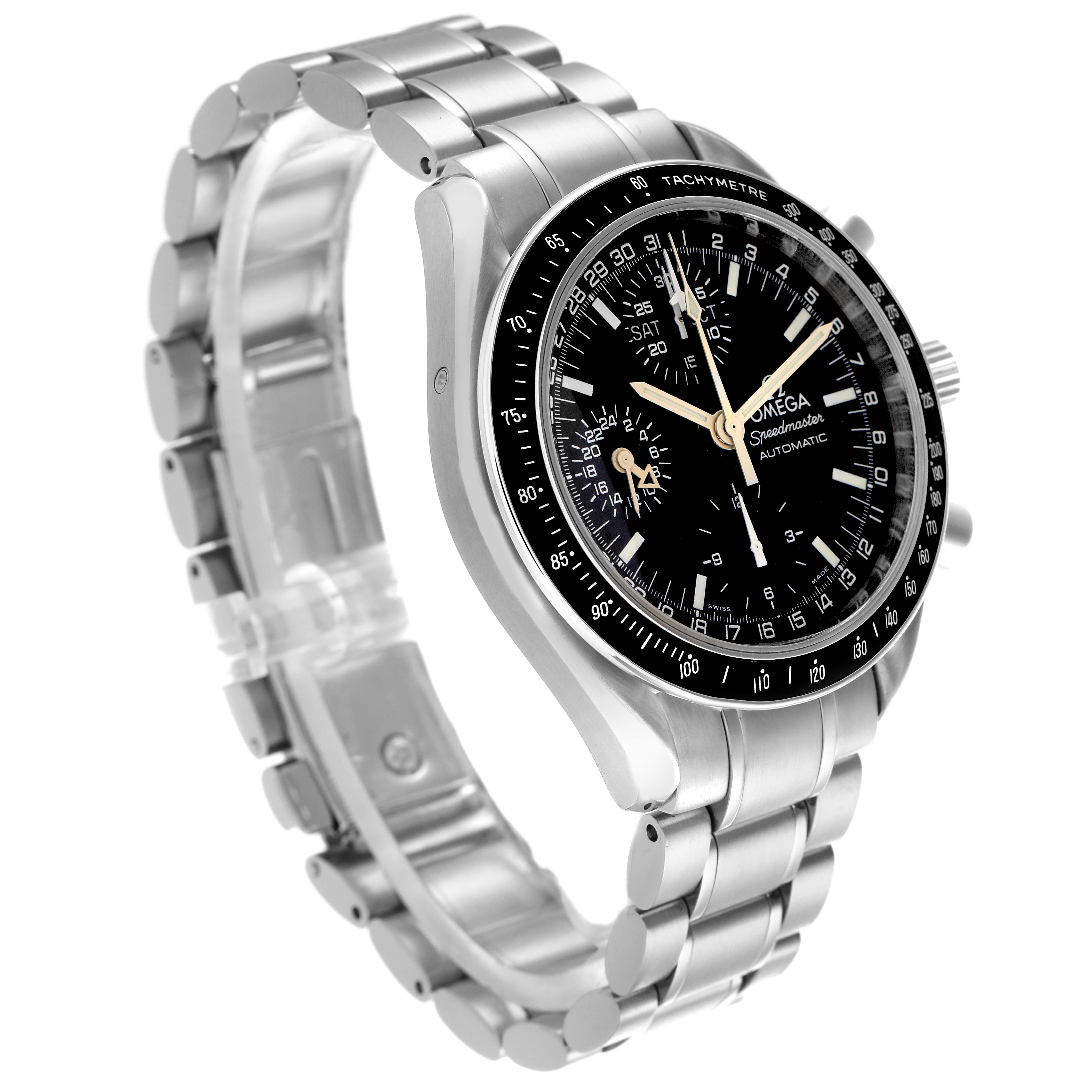 The Omega Speedmaster 3520.50.00 Men's Stainless Steel Black Dial 3520.50.00 Men's Stainless Steel Black Dial is shown at a side angle, highlighting the bracelet, tachymeter bezel, and detailed chronograph dial.