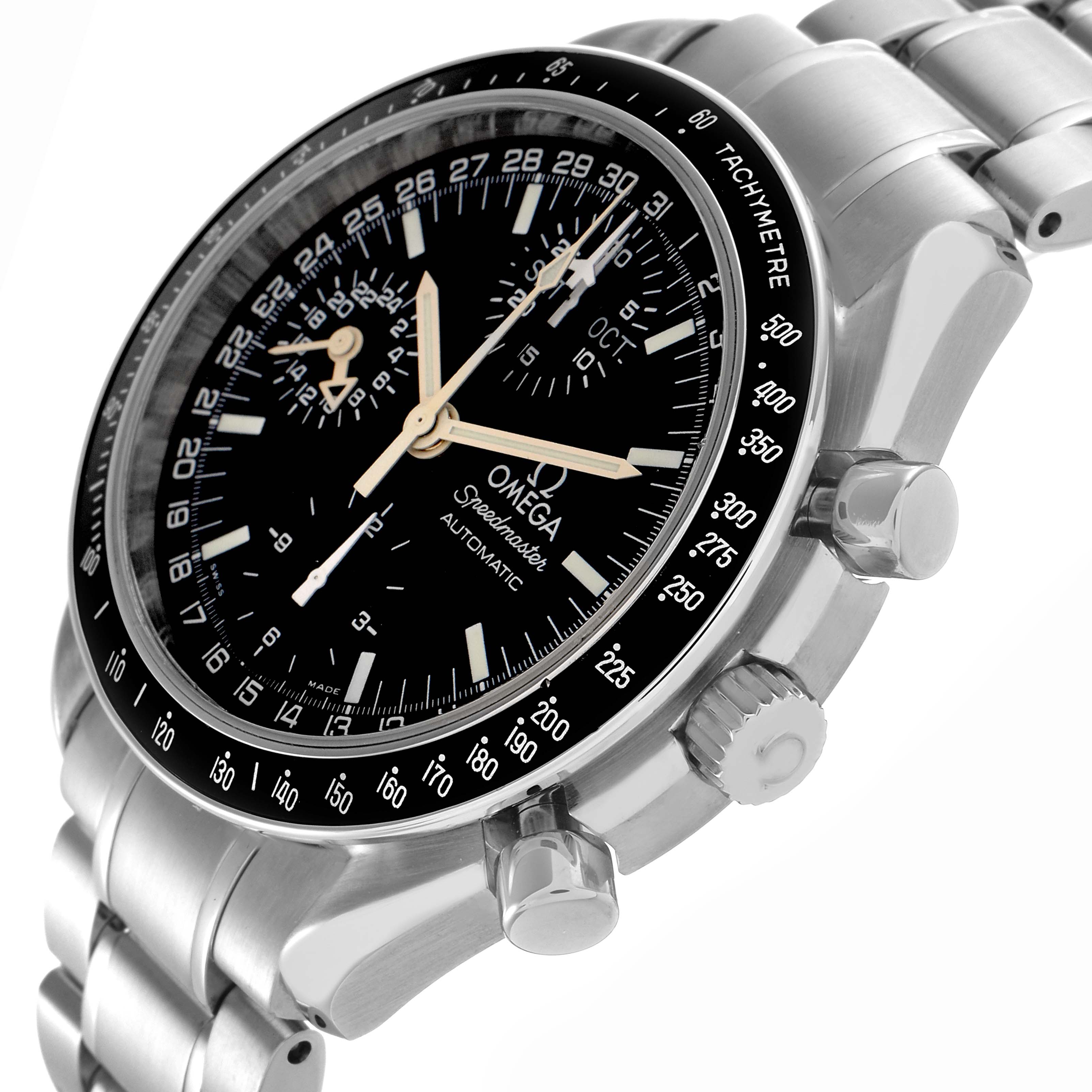 The Omega Speedmaster 3520.50.00 Men's Stainless Steel Black Dial 3520.50.00 Men's Stainless Steel Black Dial is shown at a three-quarter angle, highlighting the dial, bezel, crown, pushers, and part of the bracelet.