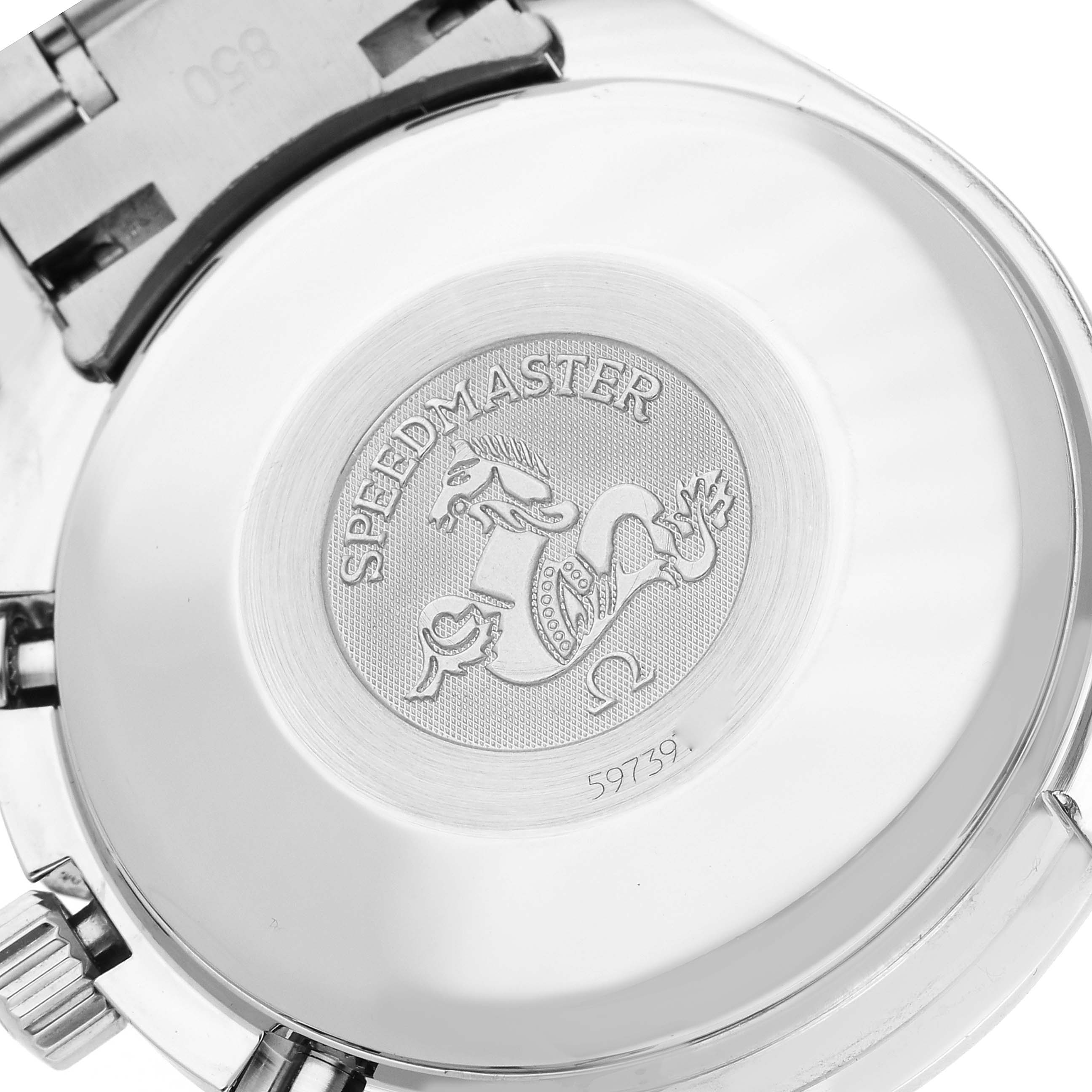 The image shows the case back of an Omega Speedmaster 3520.50.00 Men's Stainless Steel Black Dial 3520.50.00 Men's Stainless Steel Black Dial watch, featuring its emblem and serial number.