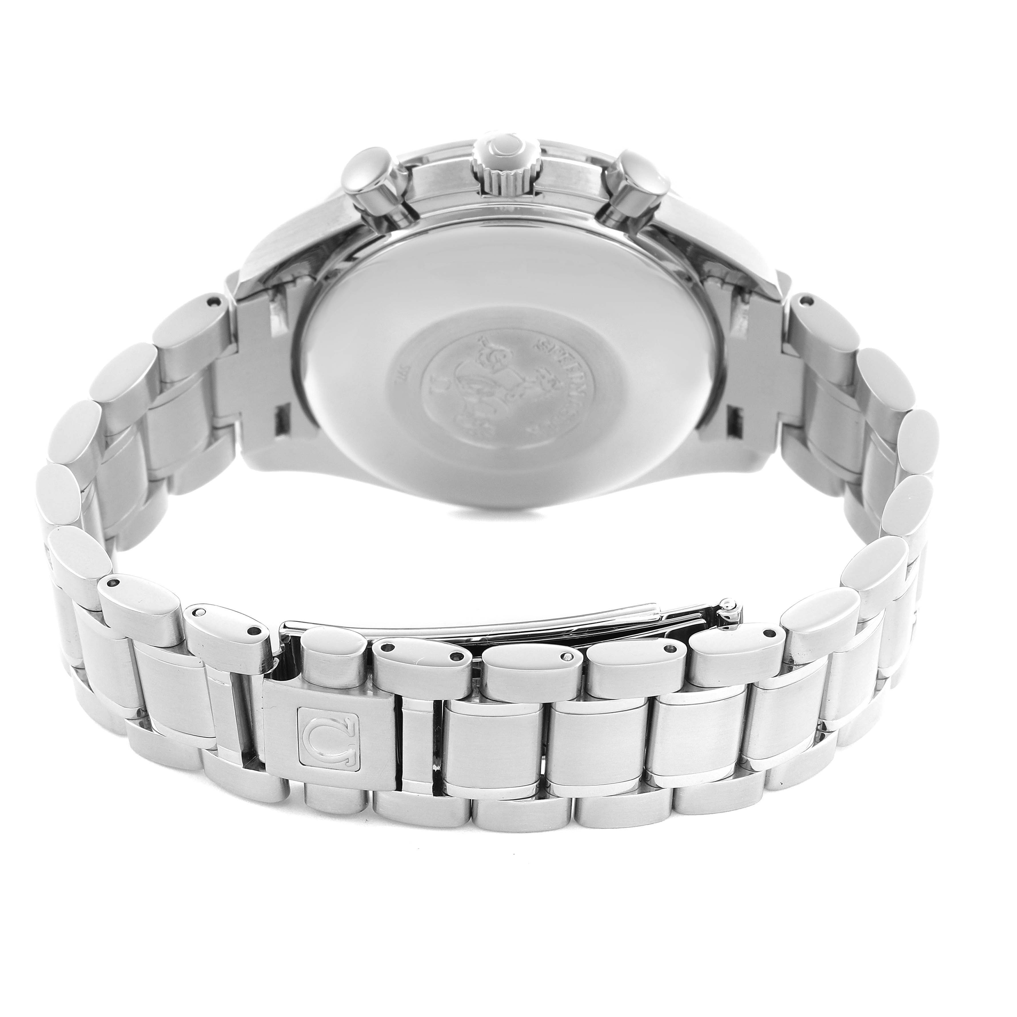 The Omega Speedmaster 3520.50.00 Men's Stainless Steel Black Dial 3520.50.00 Men's Stainless Steel Black Dial watch is shown from the rear, displaying the case back, crown, pushers, and a metal bracelet clasp.