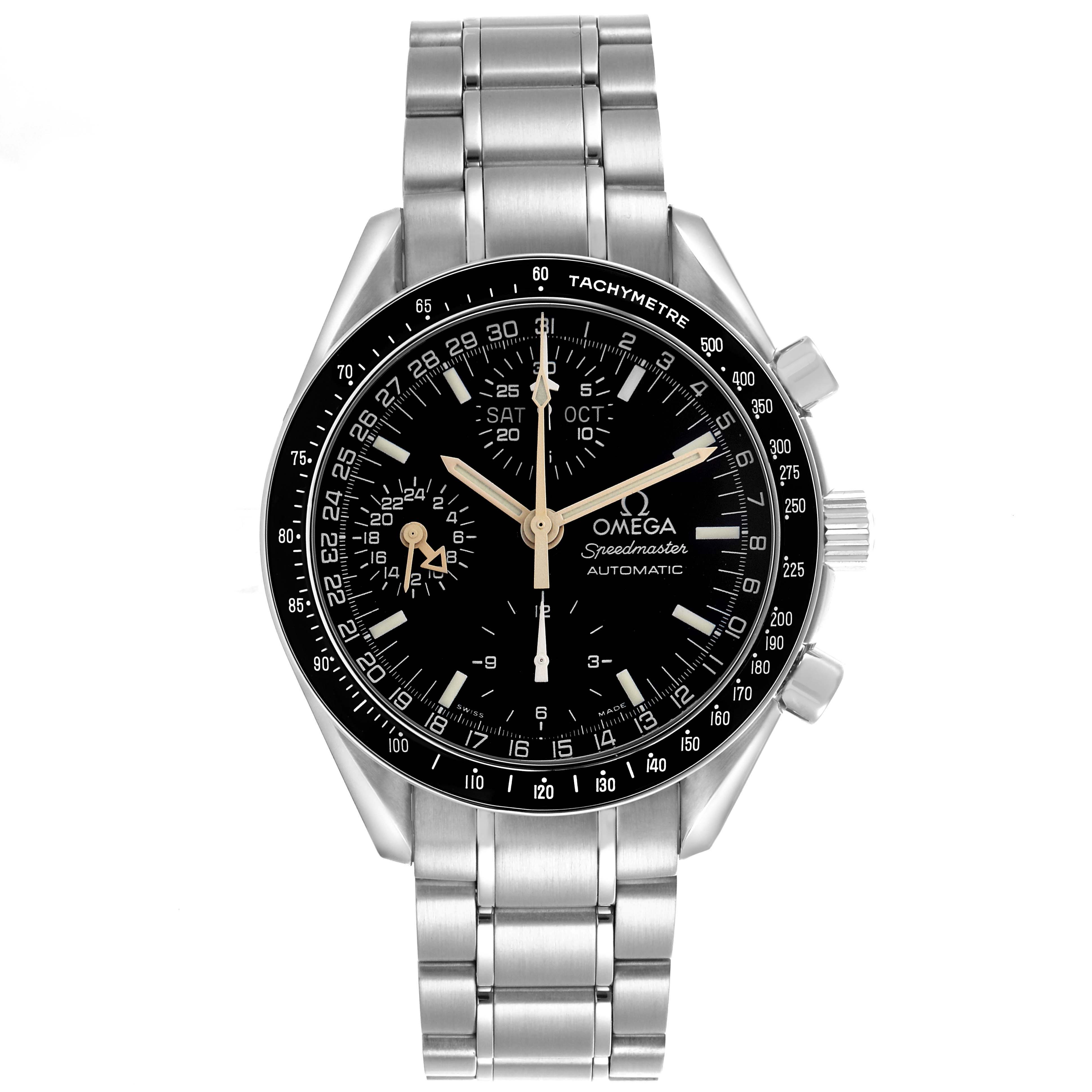 The Omega Speedmaster 3520.50.00 Men's Stainless Steel Black Dial 3520.50.00 Men's Stainless Steel Black Dial watch is shown from a front angle, displaying its stainless steel bracelet, black dial, and tachymeter bezel.
