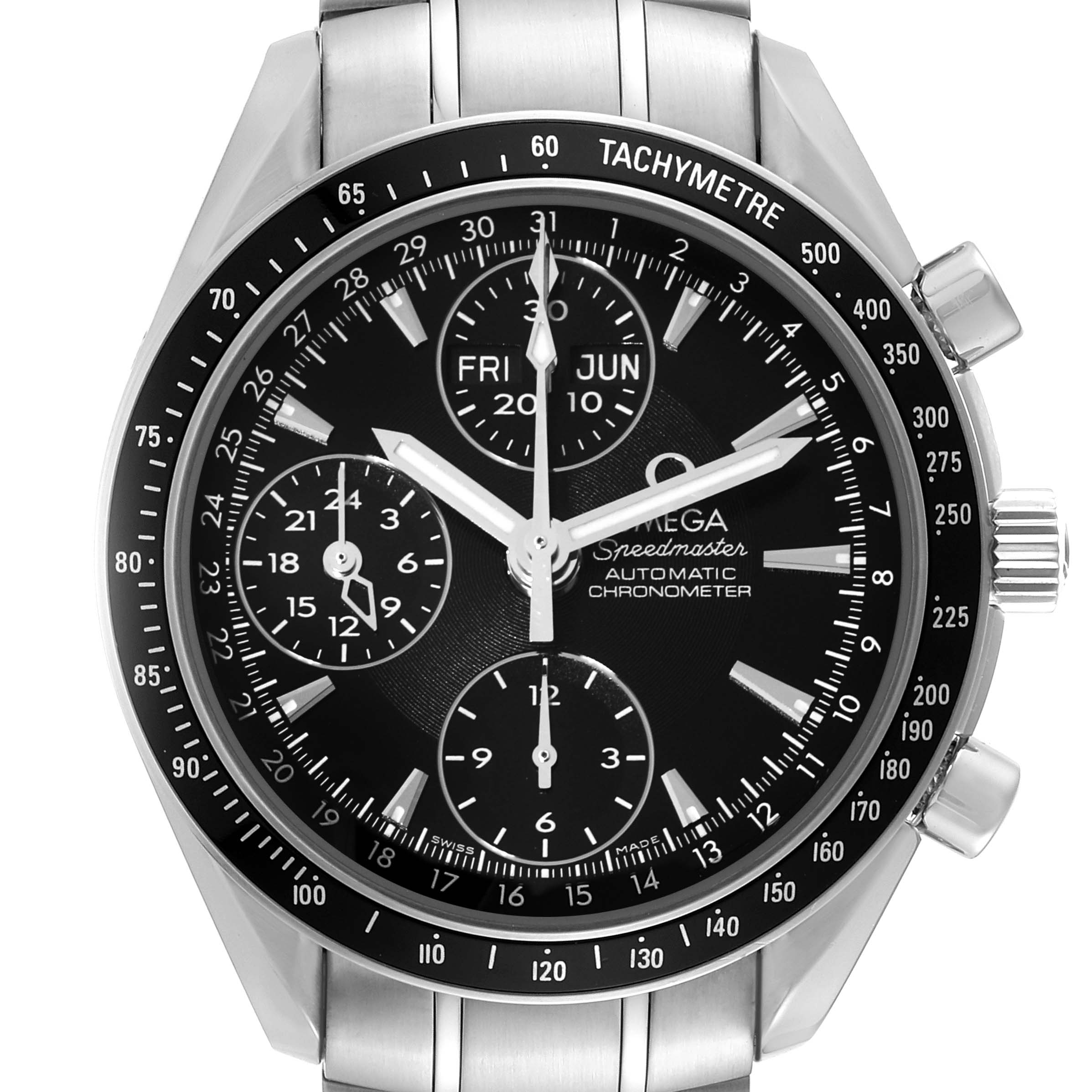 The Omega Speedmaster 3220.50.00 Men
s Stainless Steel Black Dial 3220.50.00 Men
s Stainless Steel Black Dial watch is shown from the front, highlighting its detailed dial, subdials, and tachymeter bezel.