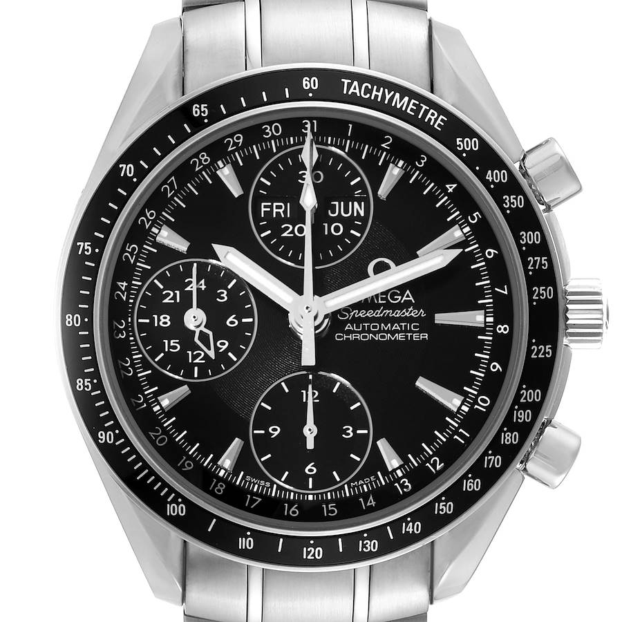 The Omega Speedmaster watch is shown from the front, highlighting its detailed dial, subdials, and tachymeter bezel.