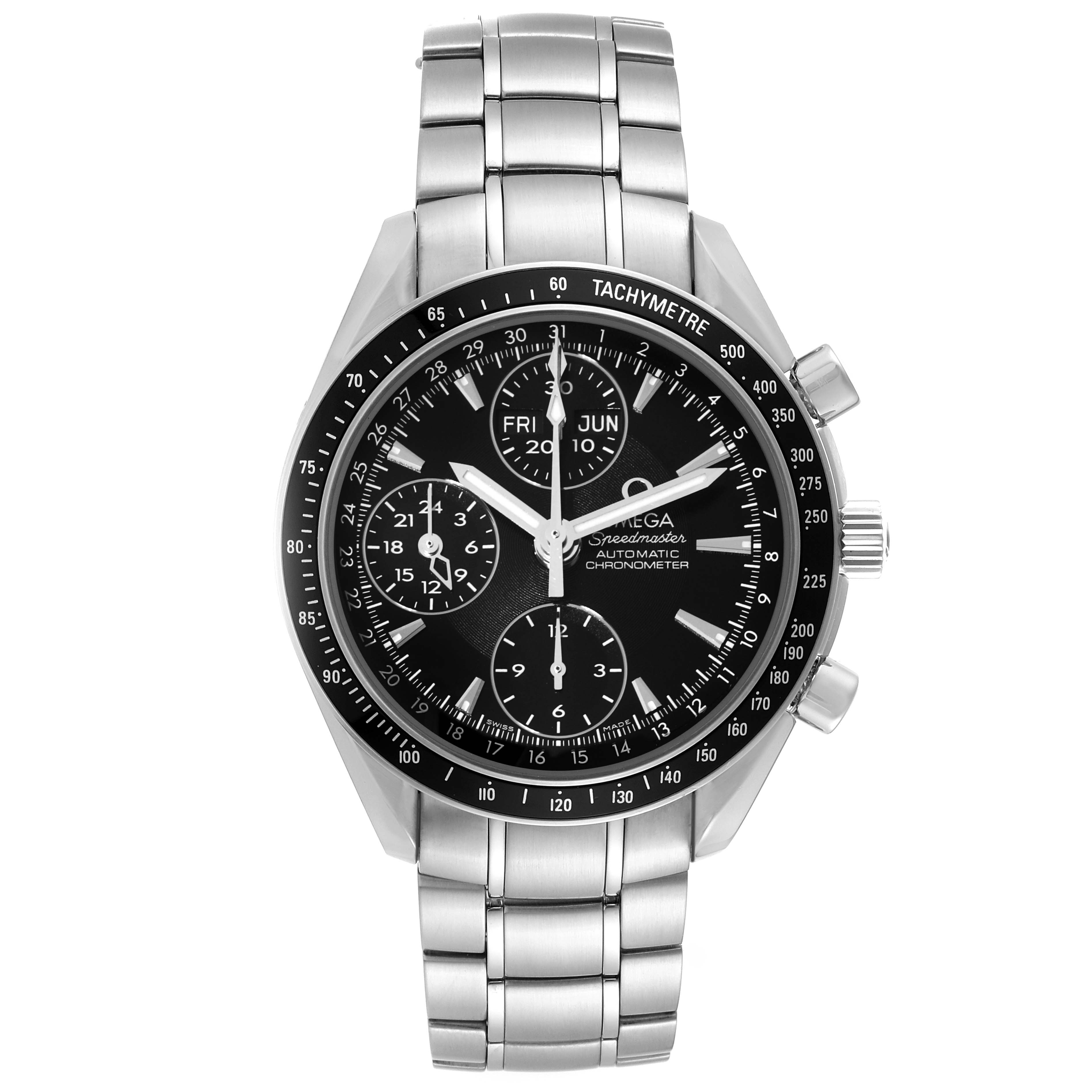 The image shows a front view of an Omega Speedmaster 3220.50.00 Men
s Stainless Steel Black Dial 3220.50.00 Men
s Stainless Steel Black Dial watch with a stainless steel bracelet, tachymeter bezel, and multiple subdials.
