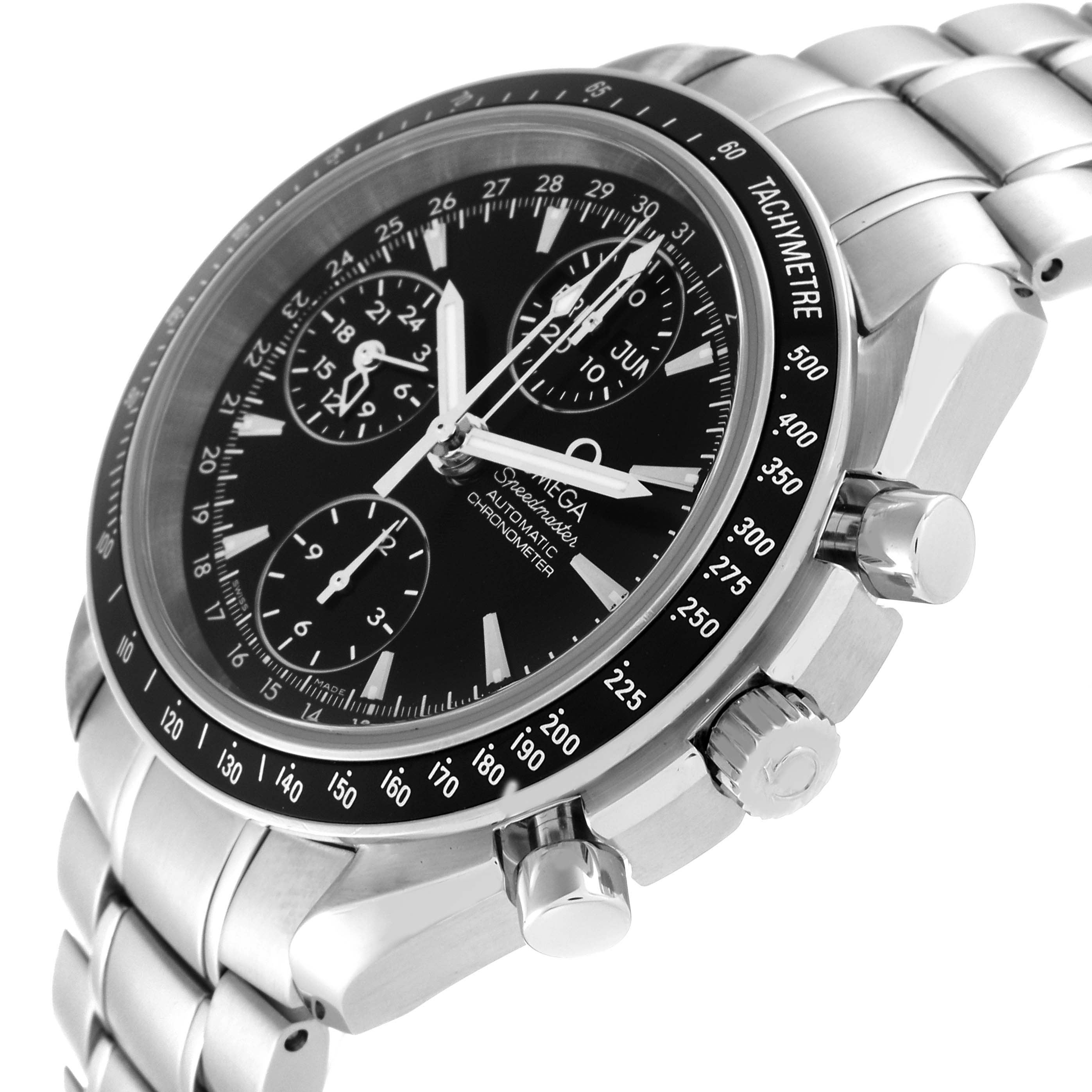 The image shows a side angle of an Omega Speedmaster 3220.50.00 Men
s Stainless Steel Black Dial 3220.50.00 Men
s Stainless Steel Black Dial, highlighting the dial, bezel, and part of the metal bracelet.