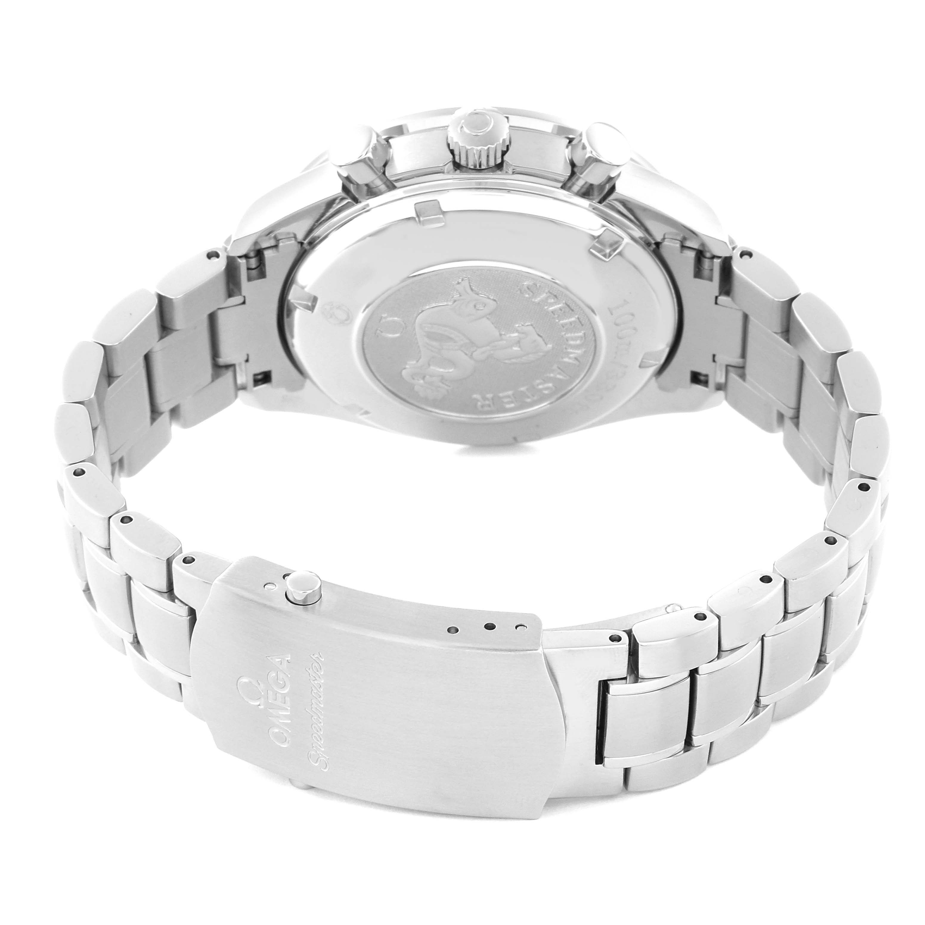 The image shows the back case and bracelet clasp of an Omega Speedmaster 3220.50.00 Men
s Stainless Steel Black Dial 3220.50.00 Men
s Stainless Steel Black Dial watch in a semi-open position.