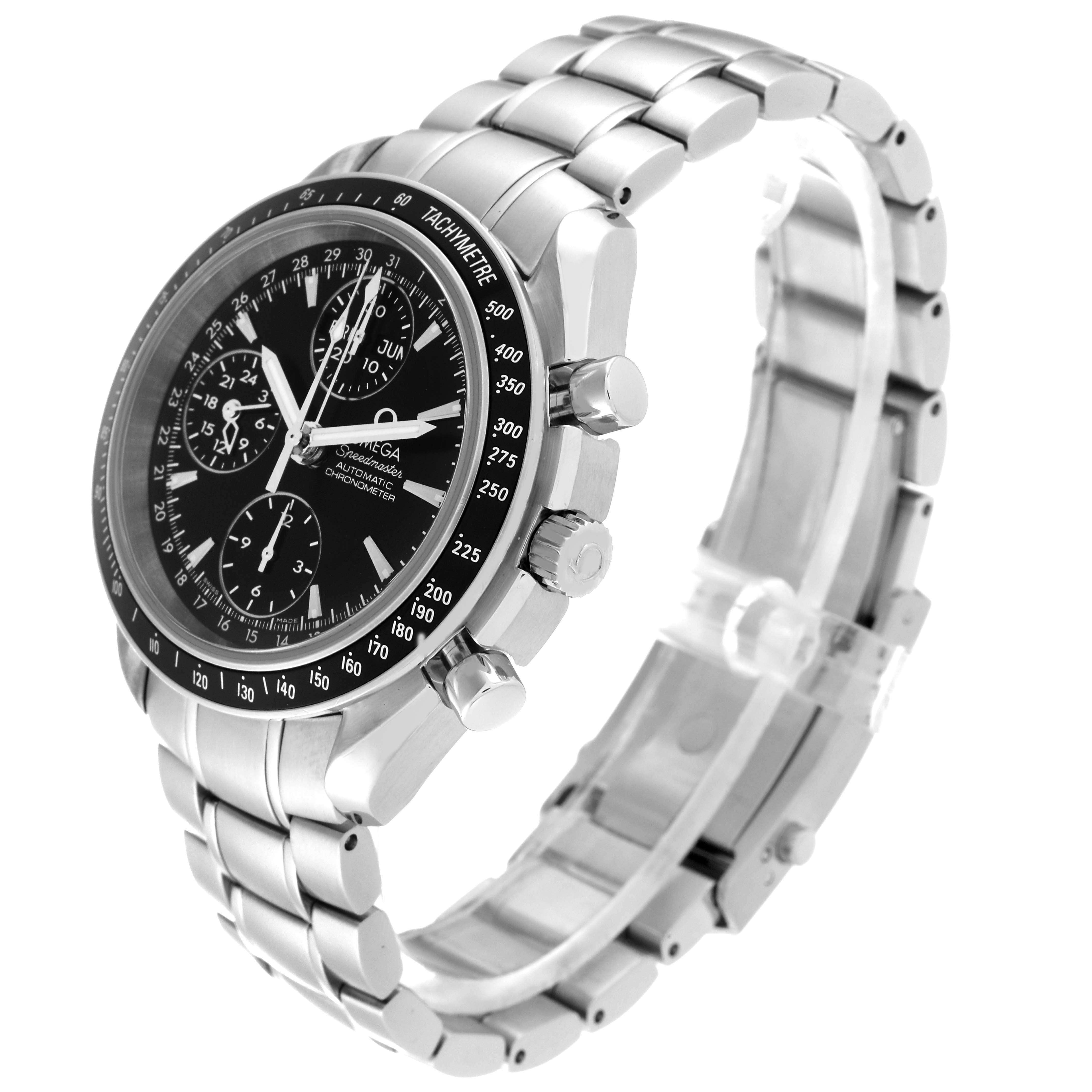 The image shows an angled view of an Omega Speedmaster 3220.50.00 Men
s Stainless Steel Black Dial 3220.50.00 Men
s Stainless Steel Black Dial watch, highlighting the face, tachymeter bezel, crown, pushers, and stainless steel bracelet.