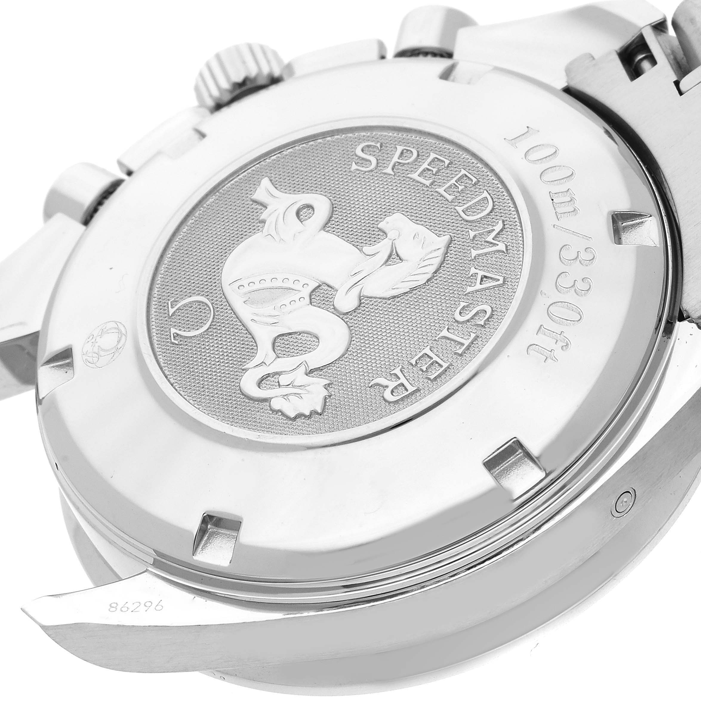 The image shows the case back of the Omega Speedmaster 3220.50.00 Men
s Stainless Steel Black Dial 3220.50.00 Men
s Stainless Steel Black Dial watch, highlighting the logo and water resistance details.