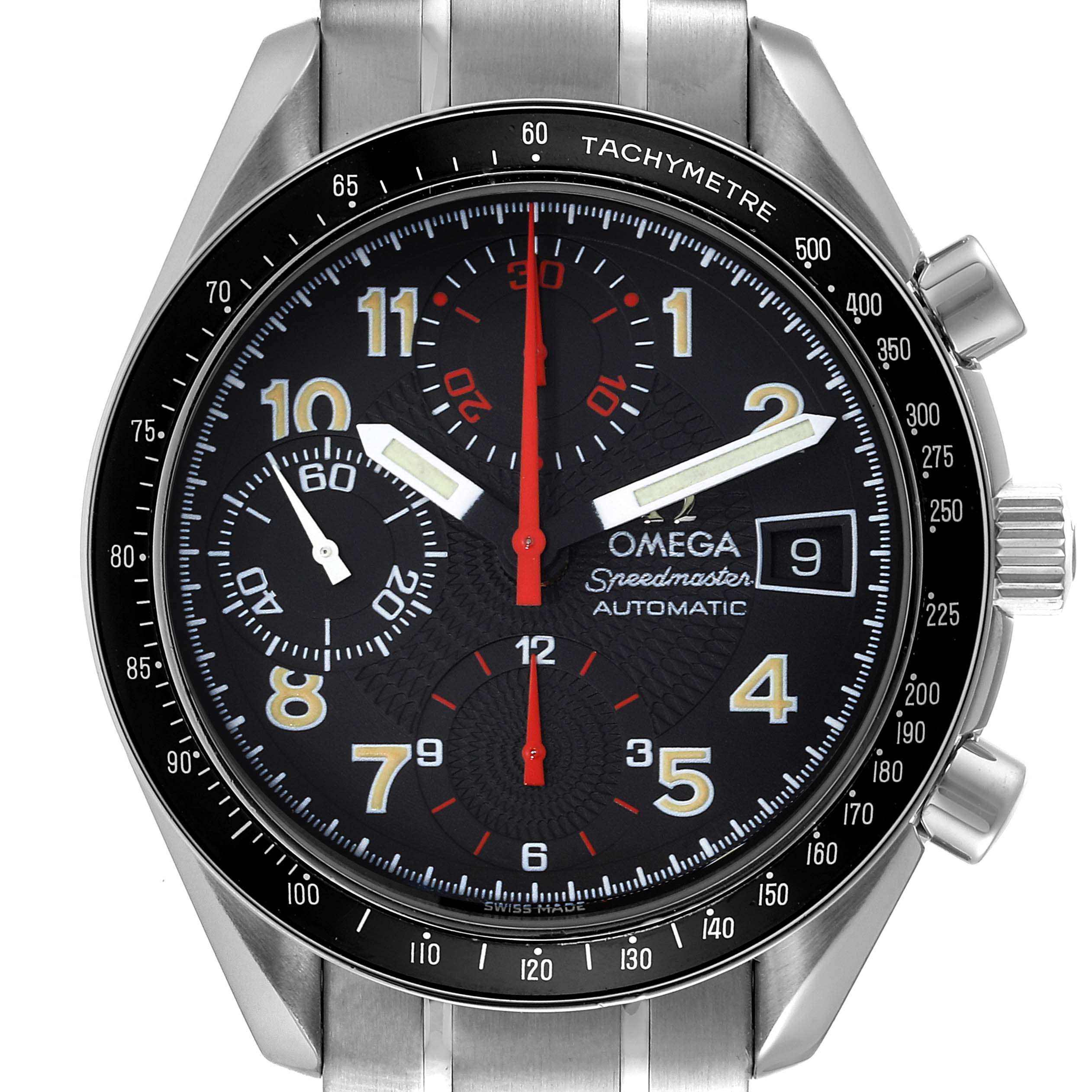 The image shows a front view of an Omega Speedmaster 3513.53.00 Men's Stainless Steel Black Dial 3513.53.00 Men's Stainless Steel Black Dial watch, detailing its black dial, subdials, and tachymeter bezel.