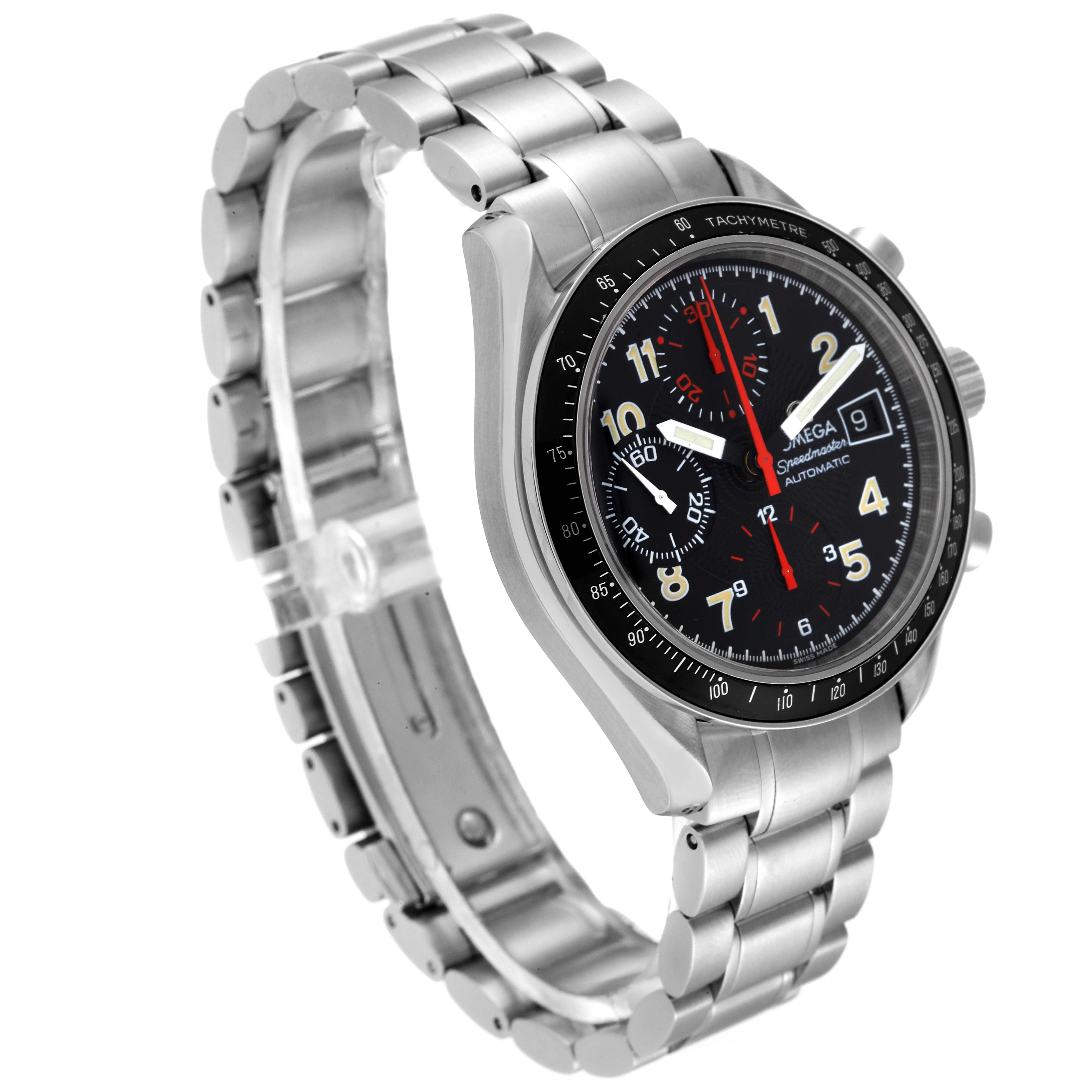 The image displays an angled view of the Omega Speedmaster 3513.53.00 Men's Stainless Steel Black Dial 3513.53.00 Men's Stainless Steel Black Dial watch with its bracelet, bezel, and dial clearly visible.