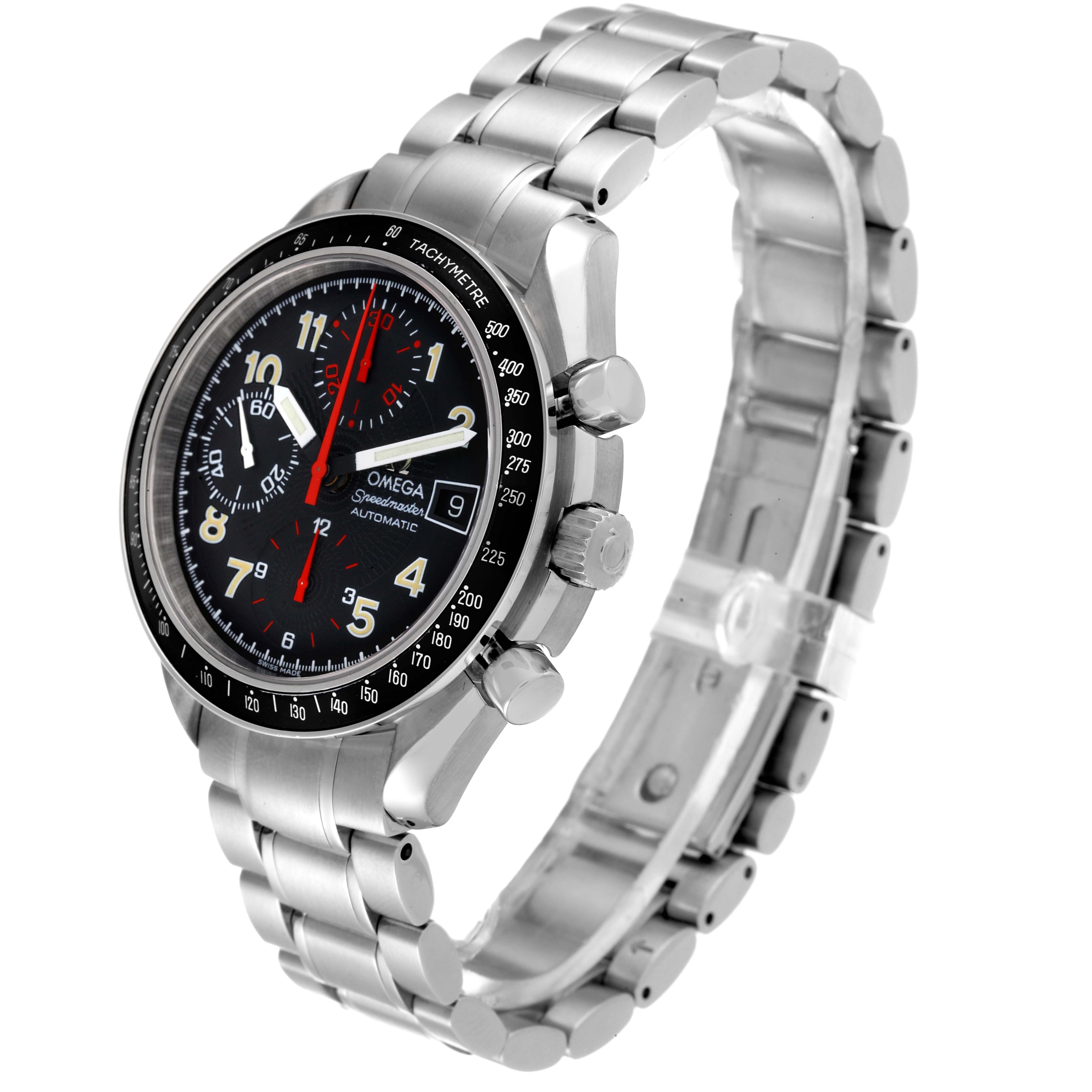 The image shows an Omega Speedmaster 3513.53.00 Men's Stainless Steel Black Dial 3513.53.00 Men's Stainless Steel Black Dial watch at a three-quarter angle, highlighting the face, bezel, and metal bracelet.