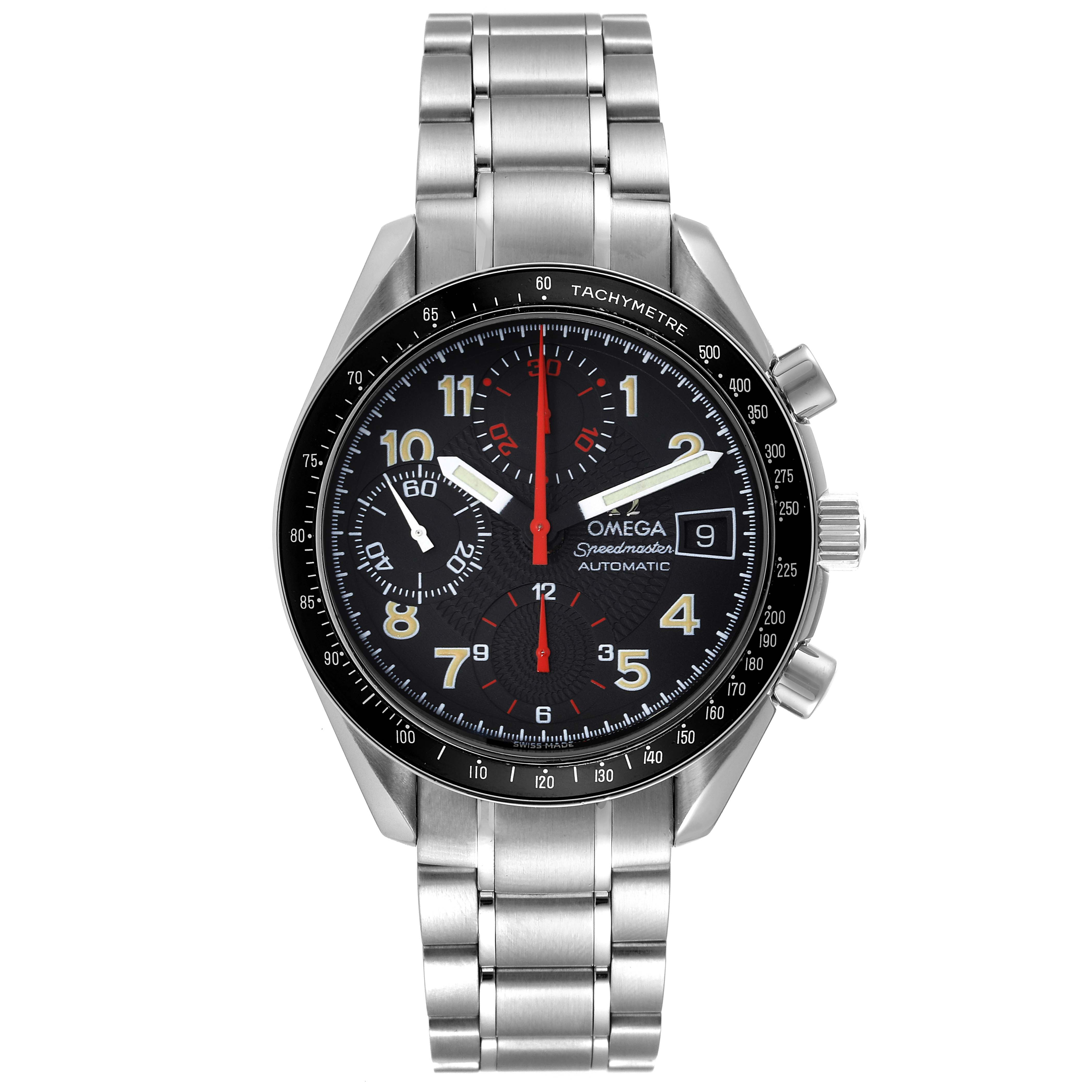The image shows a front view of the Omega Speedmaster 3513.53.00 Men's Stainless Steel Black Dial 3513.53.00 Men's Stainless Steel Black Dial watch, featuring its dial, bezel, sub-dials, date window, and stainless steel bracelet.