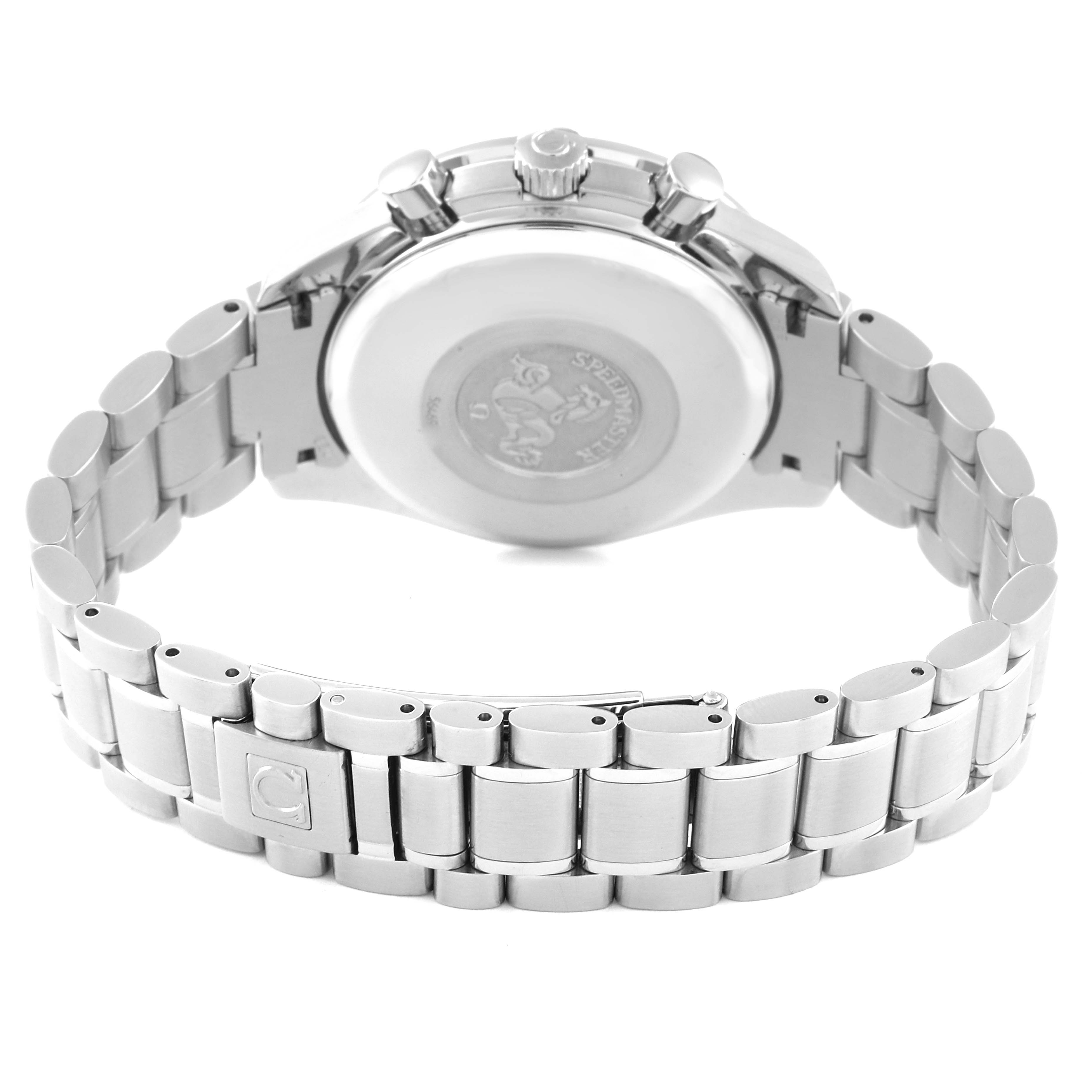 The image shows the back of an Omega Speedmaster 3513.53.00 Men's Stainless Steel Black Dial 3513.53.00 Men's Stainless Steel Black Dial watch and its stainless steel bracelet from a rear angle.