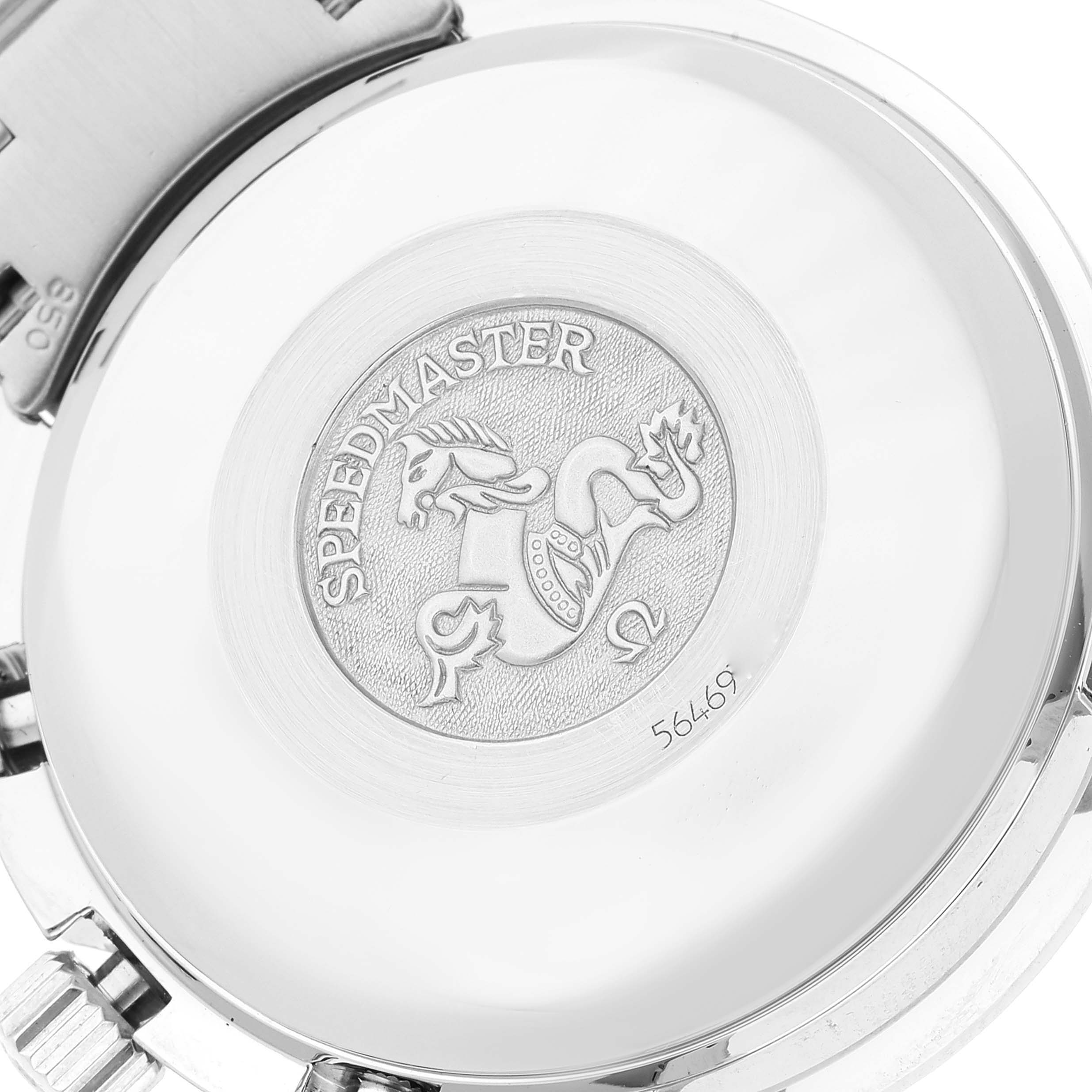 The image shows the engraved case back of an Omega Speedmaster 3513.53.00 Men's Stainless Steel Black Dial 3513.53.00 Men's Stainless Steel Black Dial watch from a slightly angled view.