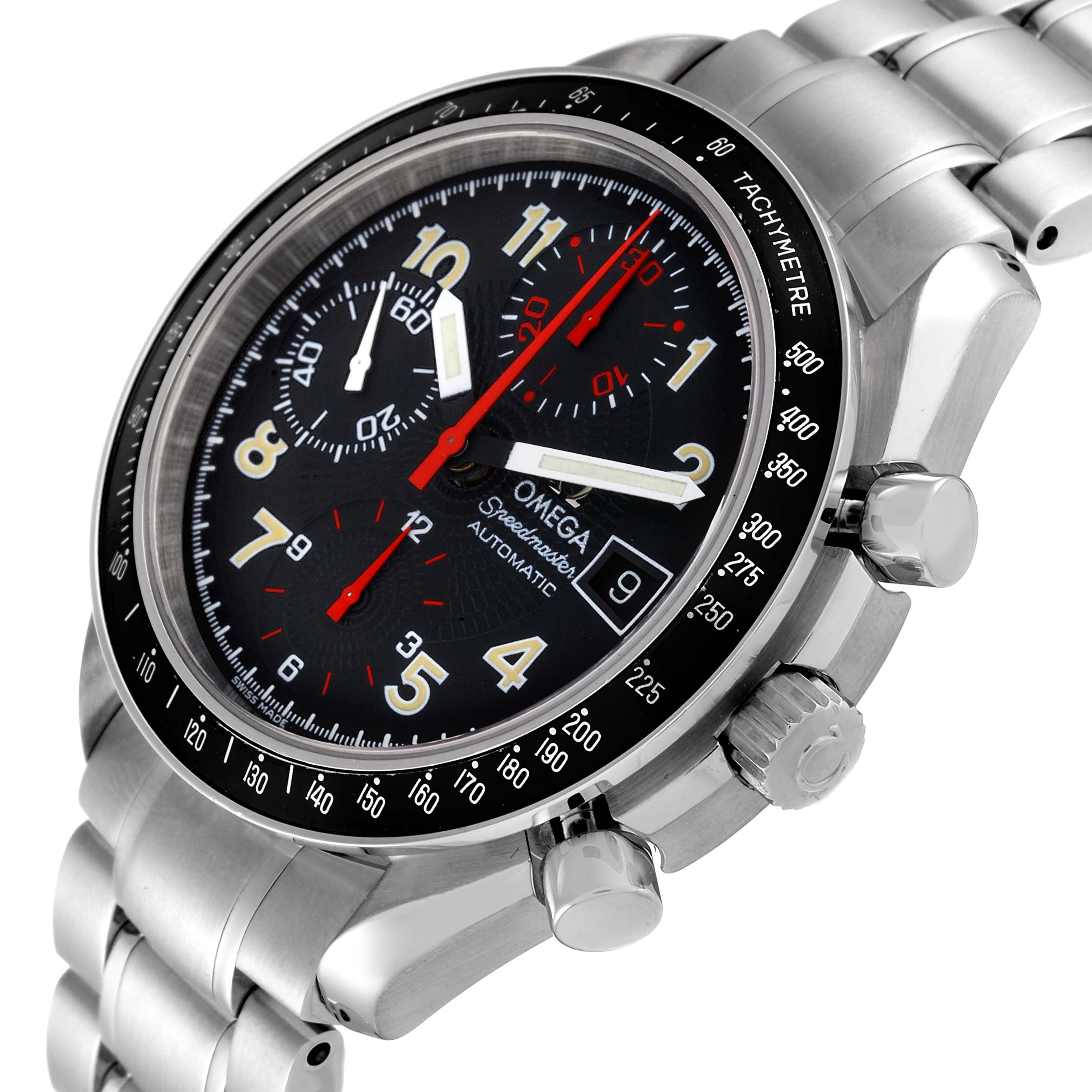 The Omega Speedmaster 3513.53.00 Men's Stainless Steel Black Dial 3513.53.00 Men's Stainless Steel Black Dial watch is shown at an angle highlighting its face, bezel, and stainless steel bracelet.