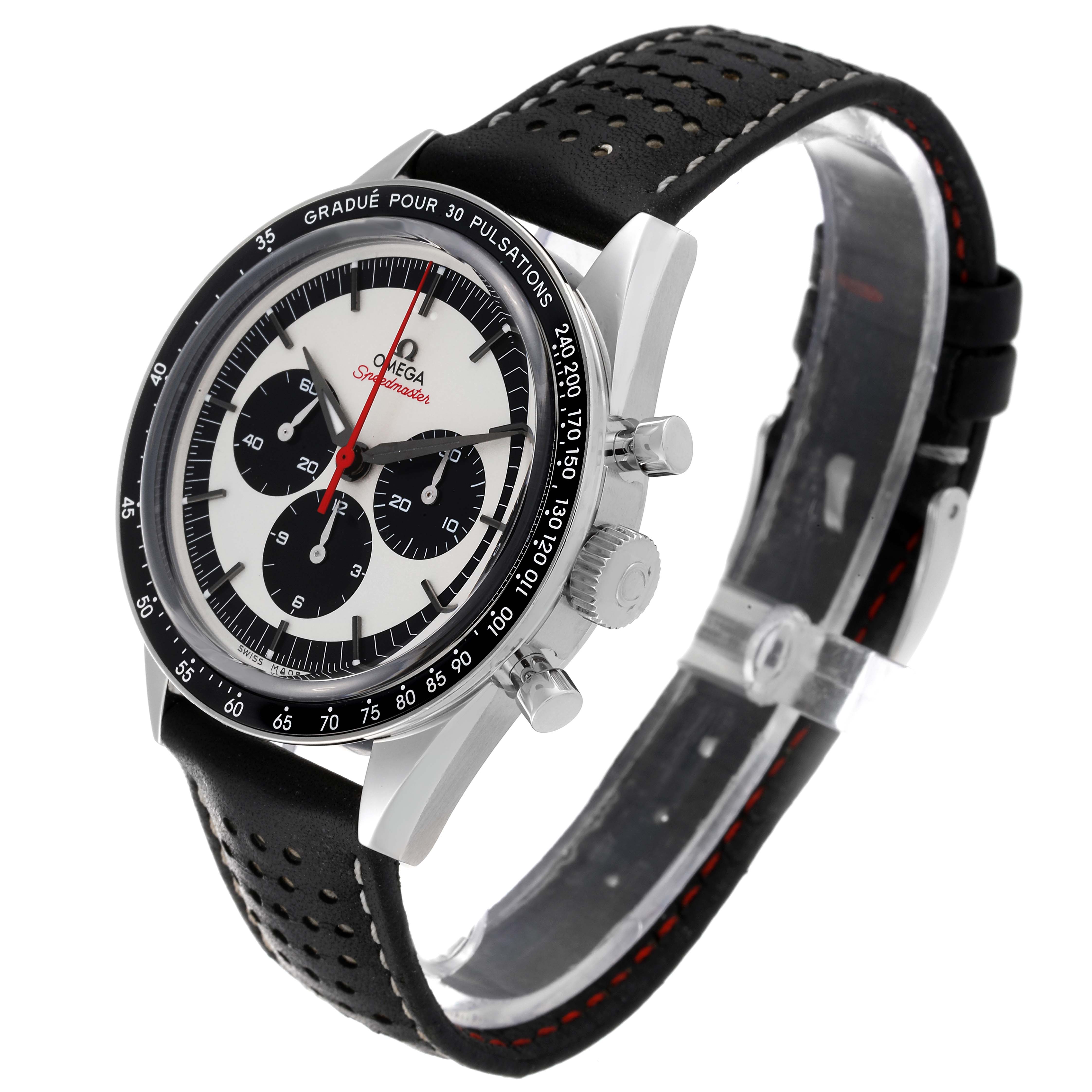 The Omega Speedmaster 311.32.40.30.02.001 Men's Stainless Steel Silver Dial 311.32.40.30.02.001 Men's Stainless Steel Silver Dial watch is shown at a three-quarter side angle, displaying its dial, bezel, case, crown, chronograph pushers, and leather strap.