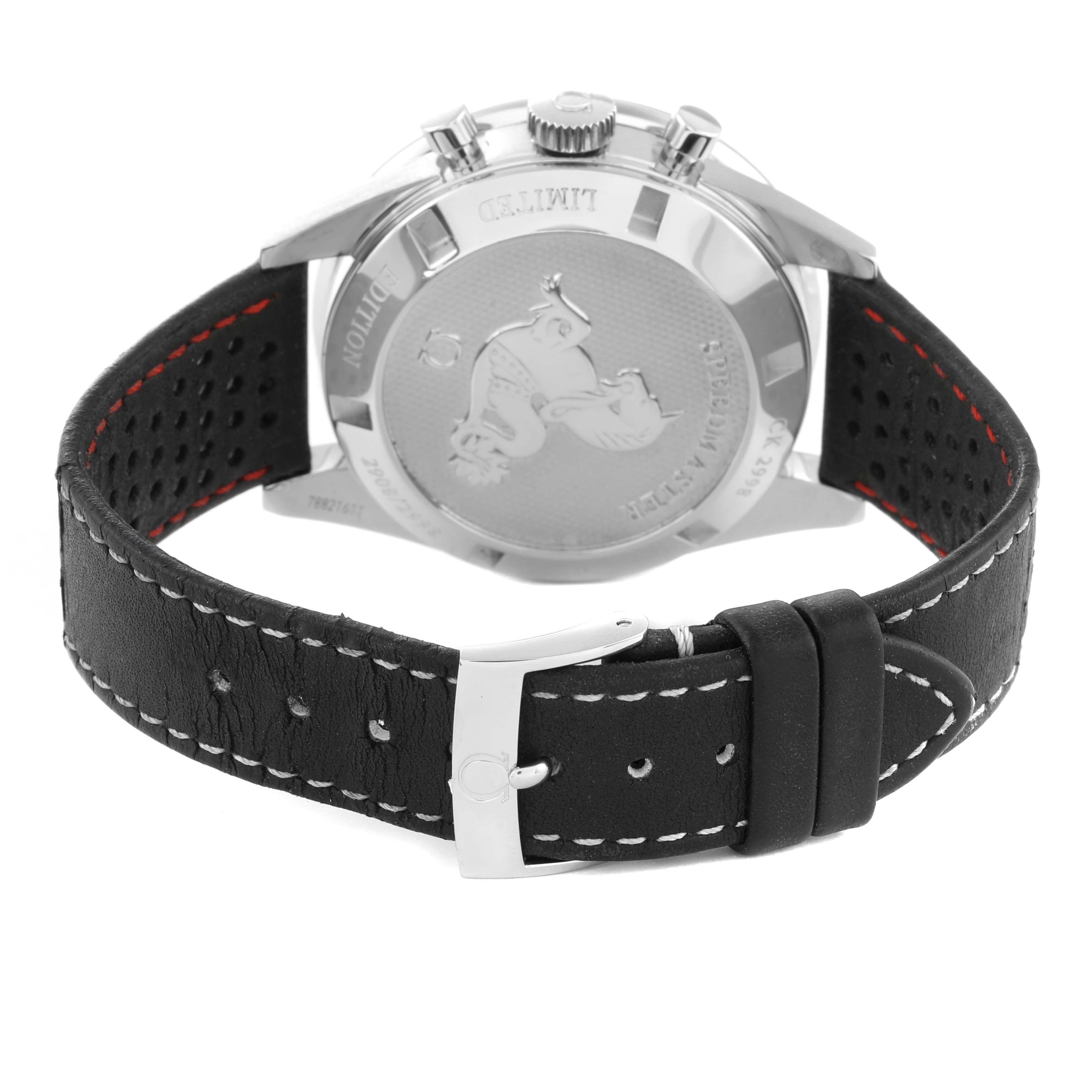 The image shows the back and strap of an Omega Speedmaster 311.32.40.30.02.001 Men's Stainless Steel Silver Dial 311.32.40.30.02.001 Men's Stainless Steel Silver Dial watch, highlighting the case back, crown, pushers, and leather strap.