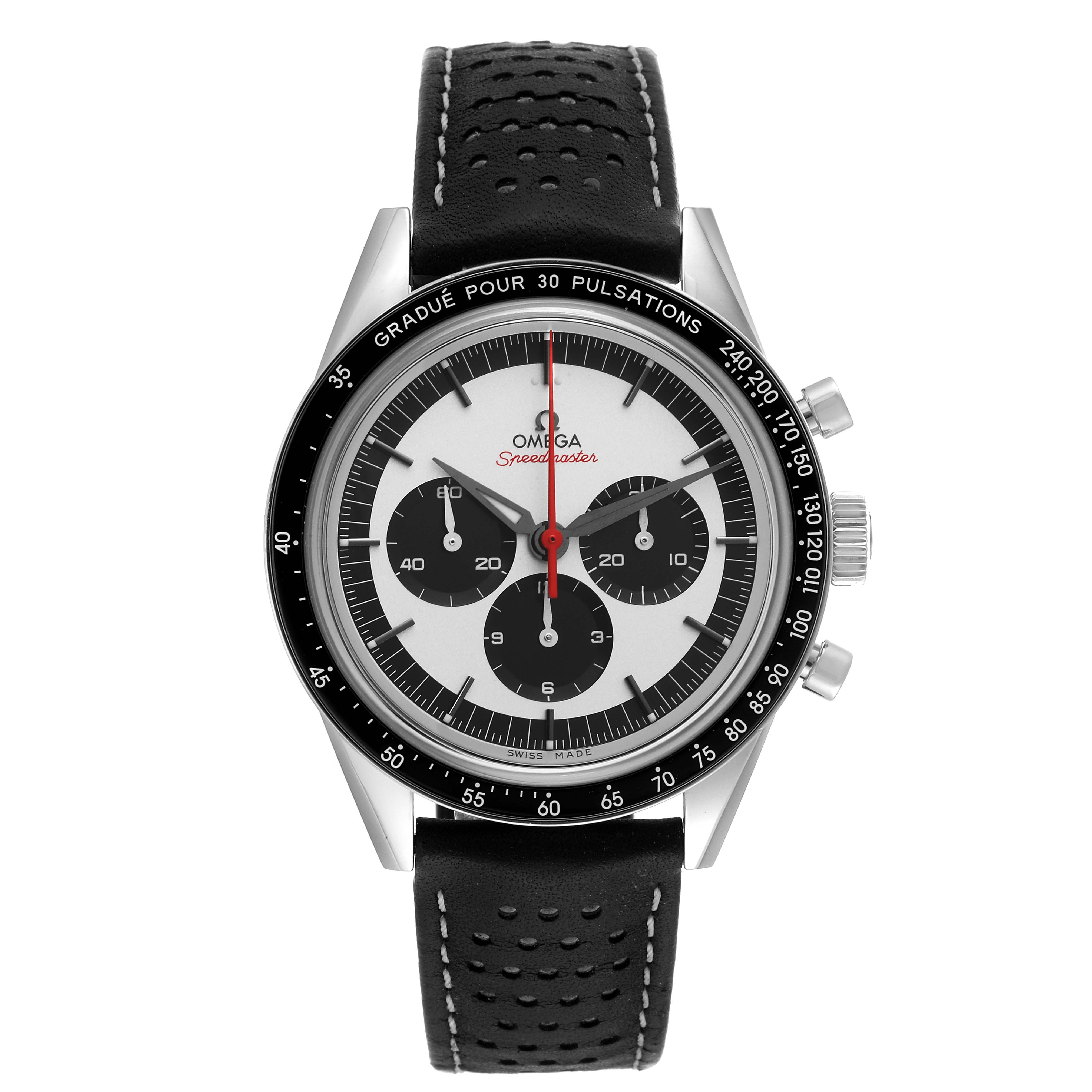 This image shows a front view of an Omega Speedmaster 311.32.40.30.02.001 Men's Stainless Steel Silver Dial 311.32.40.30.02.001 Men's Stainless Steel Silver Dial watch with a black perforated leather strap and three sub-dials.