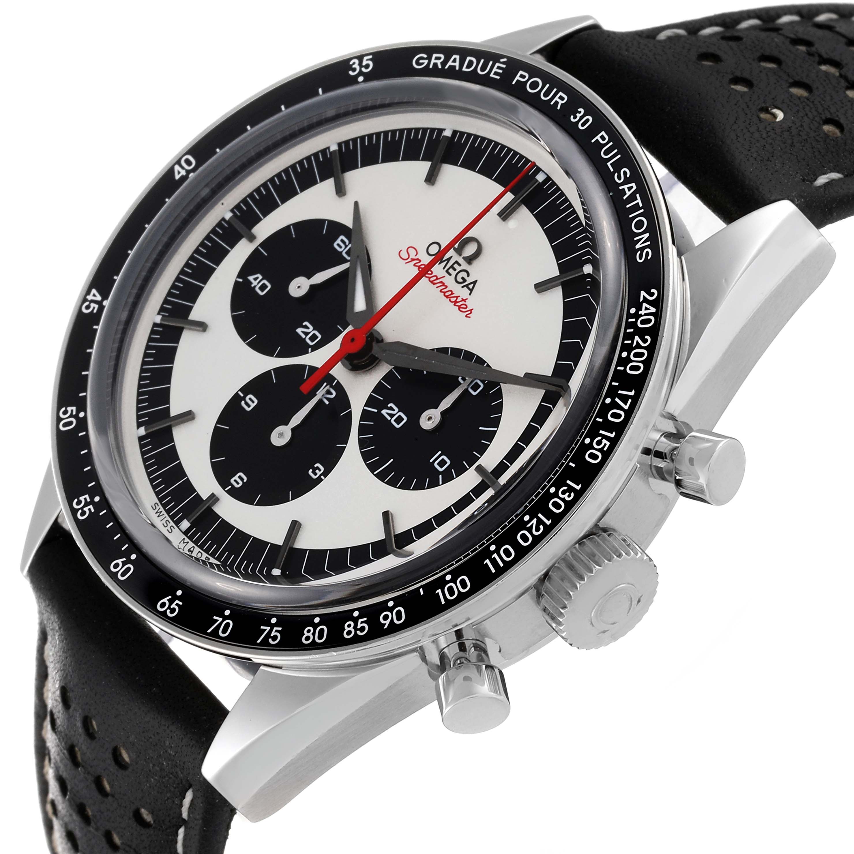 This image shows the Omega Speedmaster 311.32.40.30.02.001 Men's Stainless Steel Silver Dial 311.32.40.30.02.001 Men's Stainless Steel Silver Dial watch at a slight angle showcasing its dial, bezel, push buttons, and perforated leather strap.