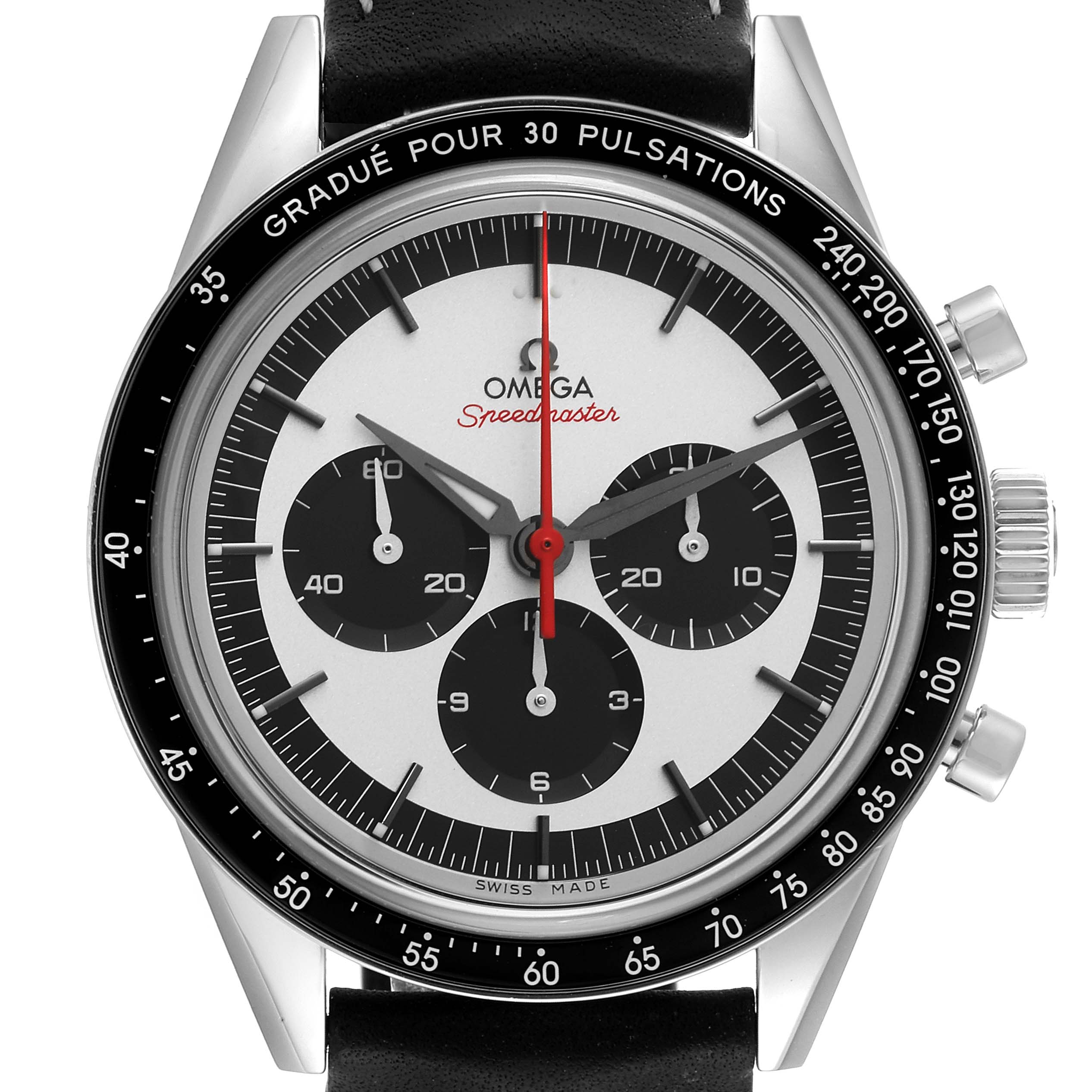The image shows a frontal view of an Omega Speedmaster 311.32.40.30.02.001 Men's Stainless Steel Silver Dial 311.32.40.30.02.001 Men's Stainless Steel Silver Dial watch, highlighting its dial, bezel, and chronograph subdials.