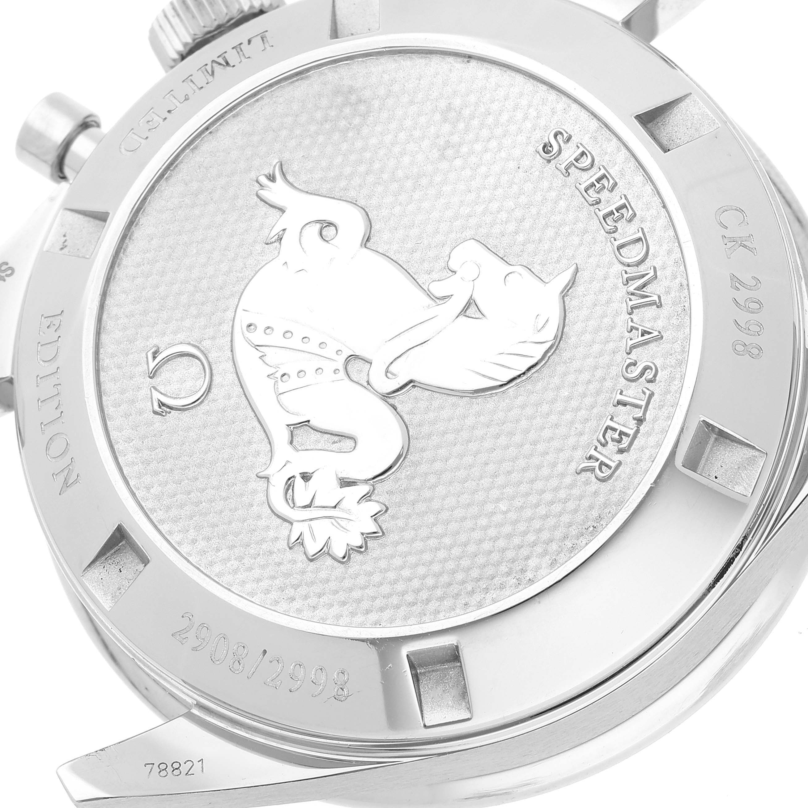 The image shows the back of an Omega Speedmaster 311.32.40.30.02.001 Men's Stainless Steel Silver Dial 311.32.40.30.02.001 Men's Stainless Steel Silver Dial watch, featuring its engraved emblem and model information.