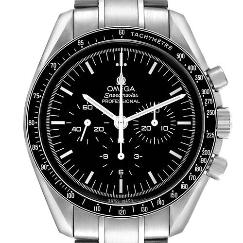The Omega Speedmaster 311.30.42.30.01.005 Men's Stainless Steel Black Dial watch is shown from the front, displaying its black dial, tachymeter bezel, and metal bracelet.
