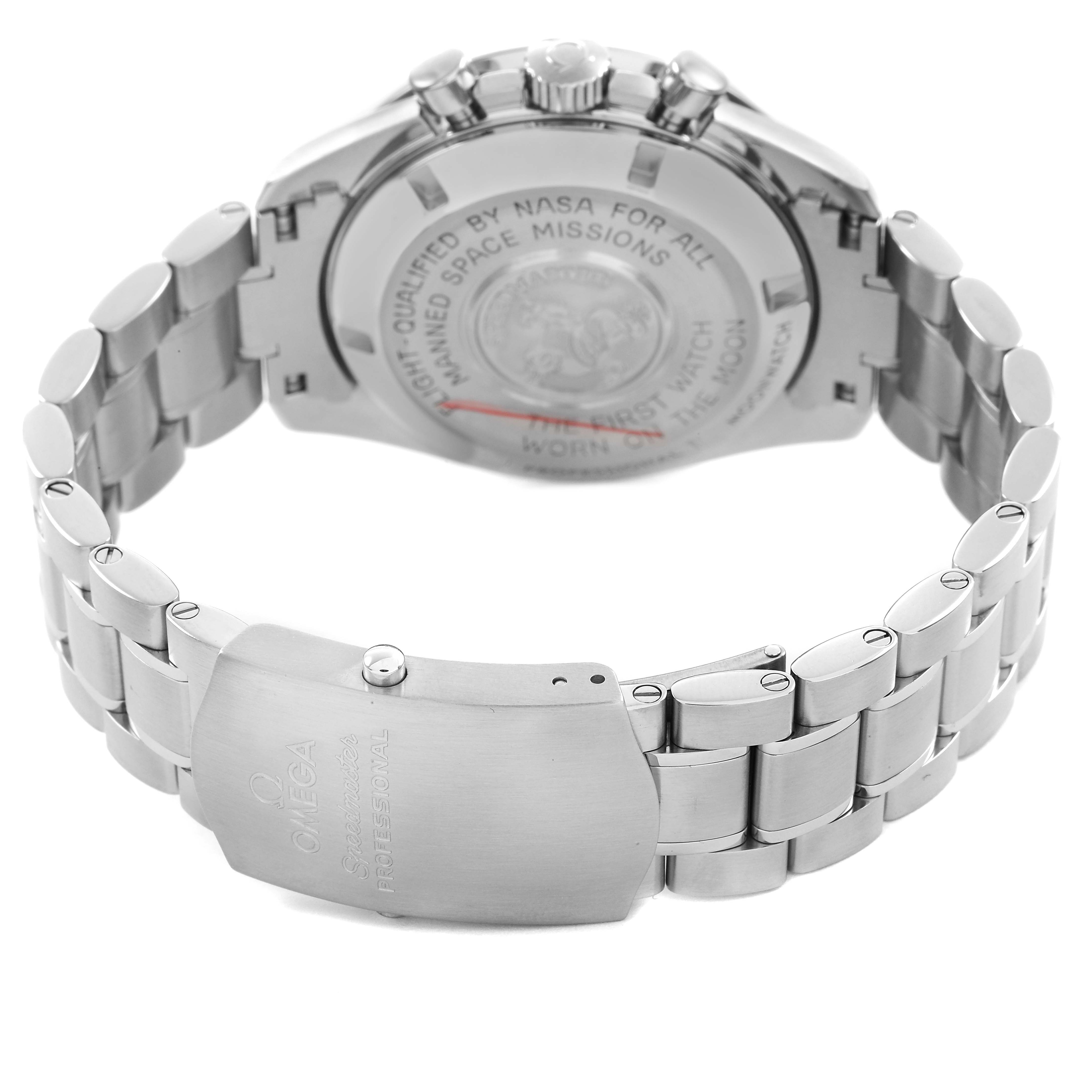The image shows the back view of an Omega Speedmaster 311.30.42.30.01.005 Men's Stainless Steel Black Dial watch with its stainless steel bracelet and clasp.
